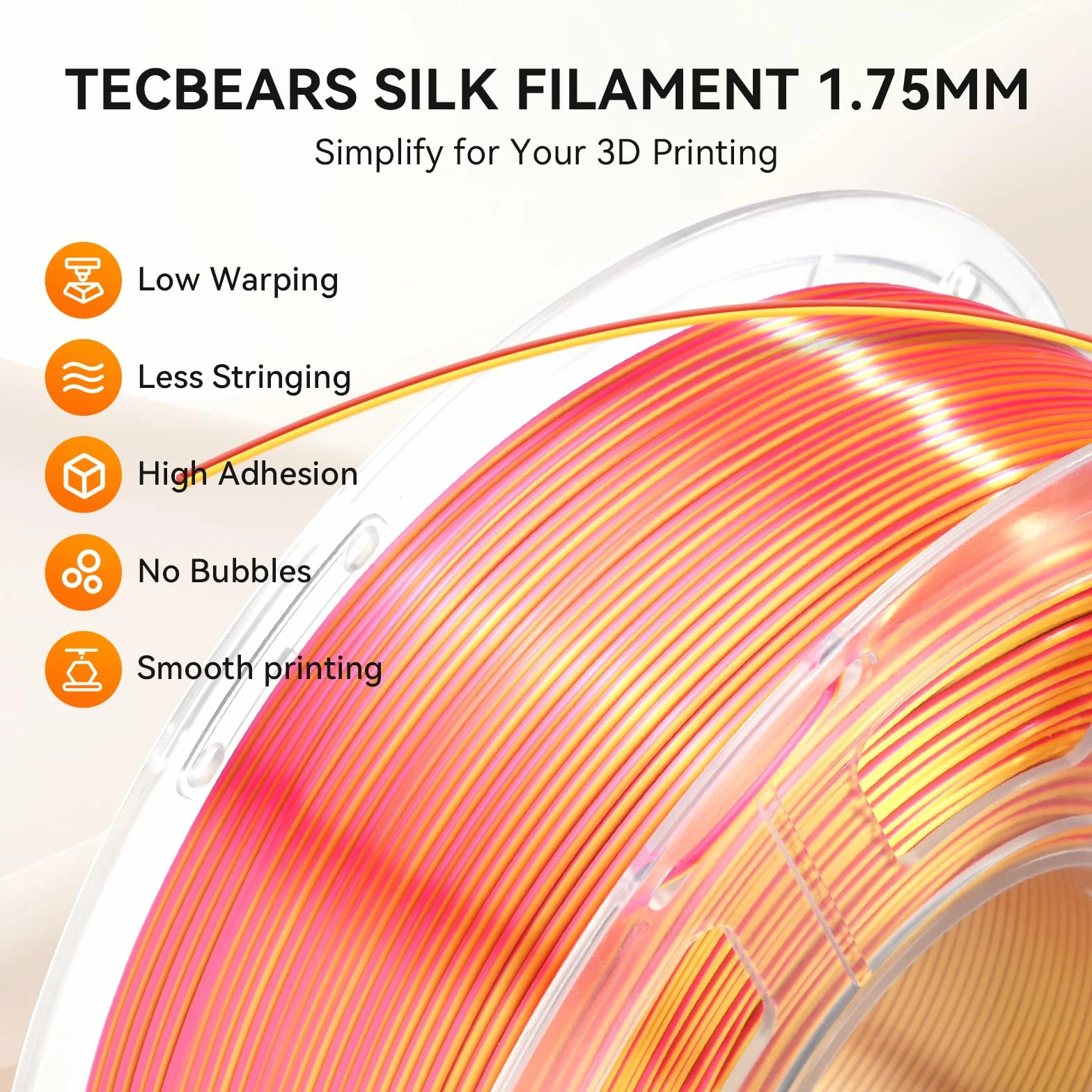 TECBEARS Jedwabny filament PLA 1,75 mm 1 kg, jedwabny trójkolorowy filament PLA drukarka 3D, z jedwabiście gładkim wykończeniem, dokładność wymiarowa +/- 0,02, szpula 1 kg, czerwony żółty zielony