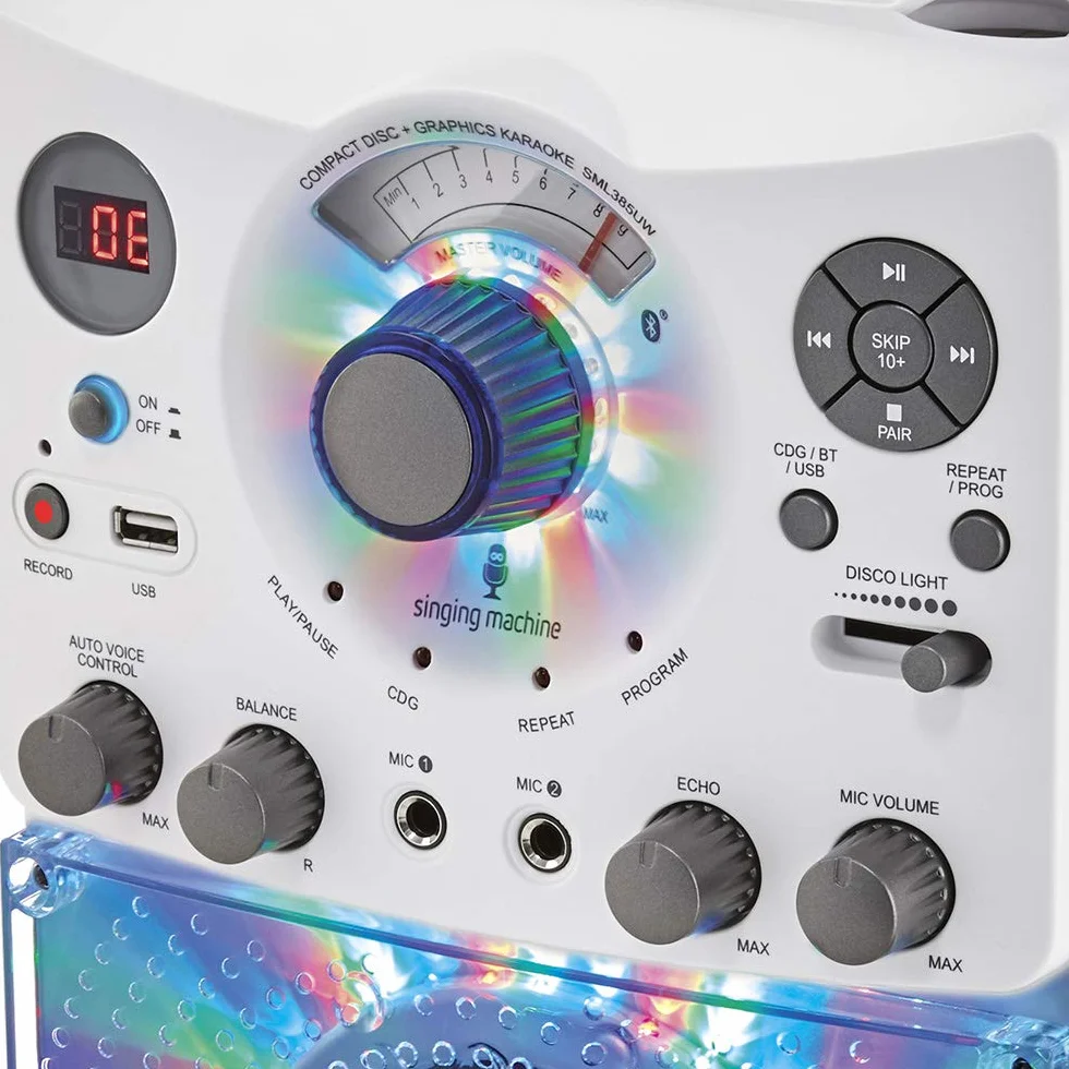 Singing Machine SML385U system karaoke ze złączem Bluetooth – biały dla Europy – efekty świetlne LED, mikrofon, USB, wyjścia RCA, regulator echa i równowagi oraz wejście AUX.