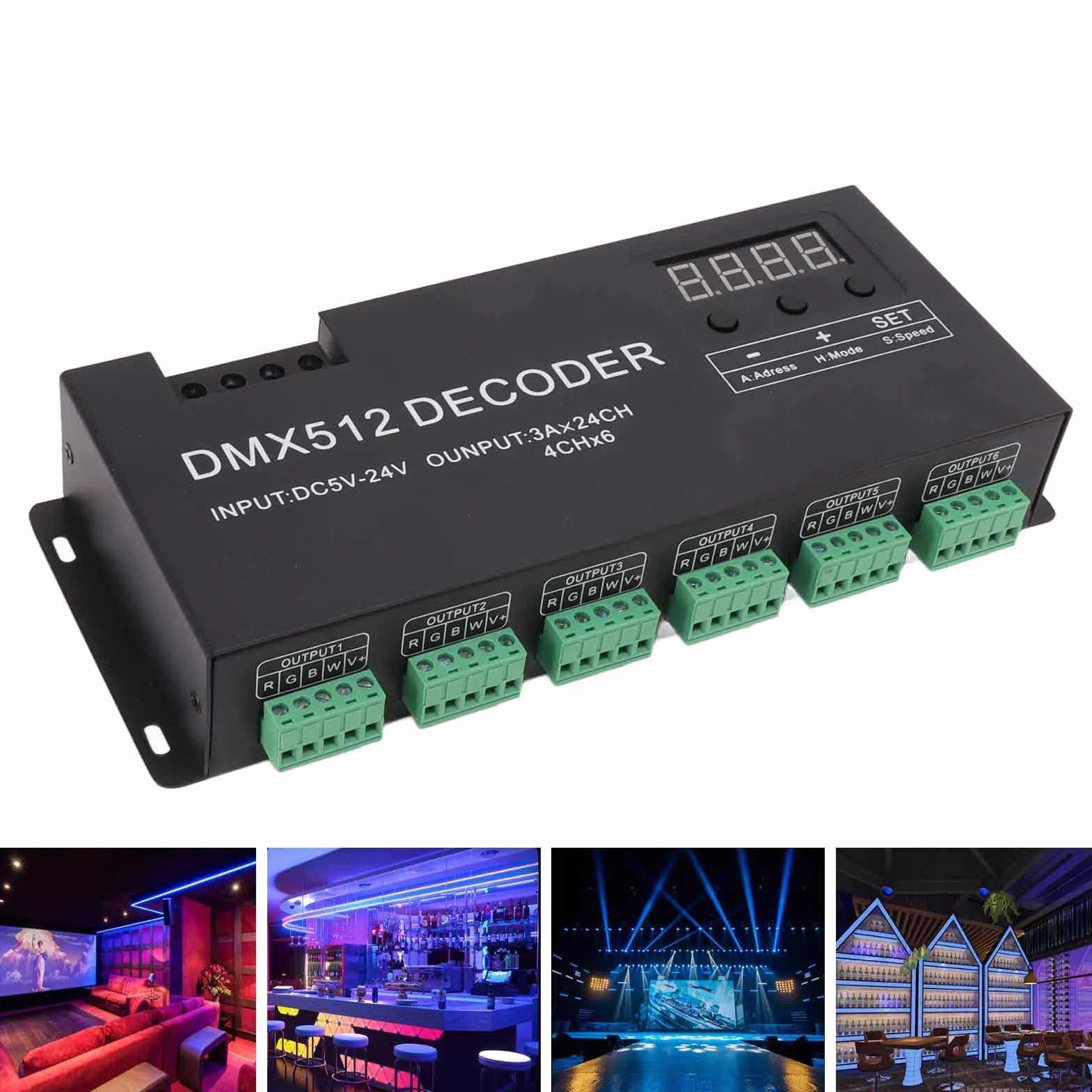 DC5-24V 24-kanałowy dekoder DMX RGBW, sterownik LED do paska scenicznego z funkcją ściemniania i cyfrowym wyświetlaczem, kontroler stałego napięcia