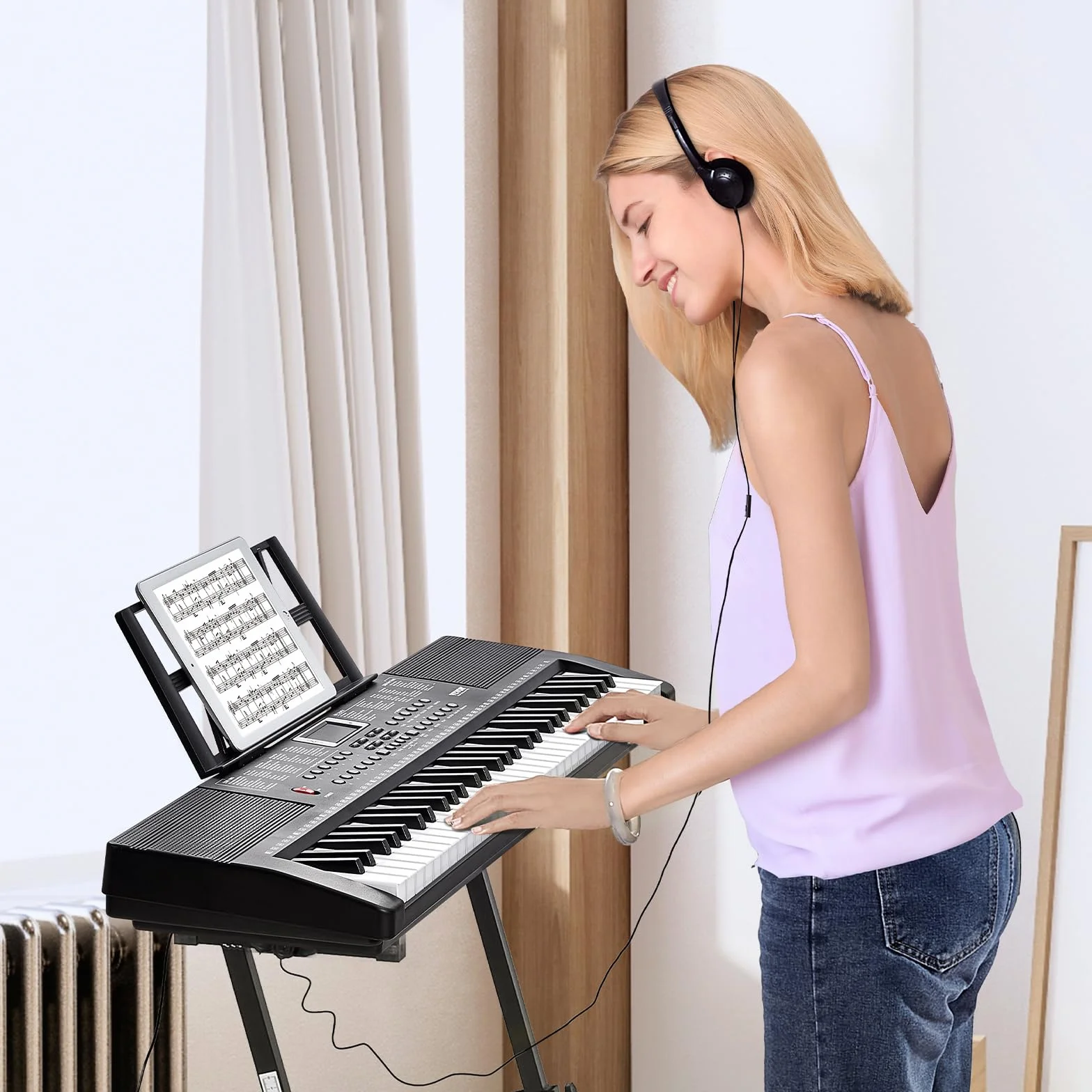 VEVOR Cyfrowy fortepian z 61 klawiszami, 200 dźwiękami, 200 rytmów, przenośny elektryczny zestaw keyboard z 60 piosenkami demo, wbudowanymi podwójnymi głośnikami, słuchawkami, mikrofonem, naklejkami