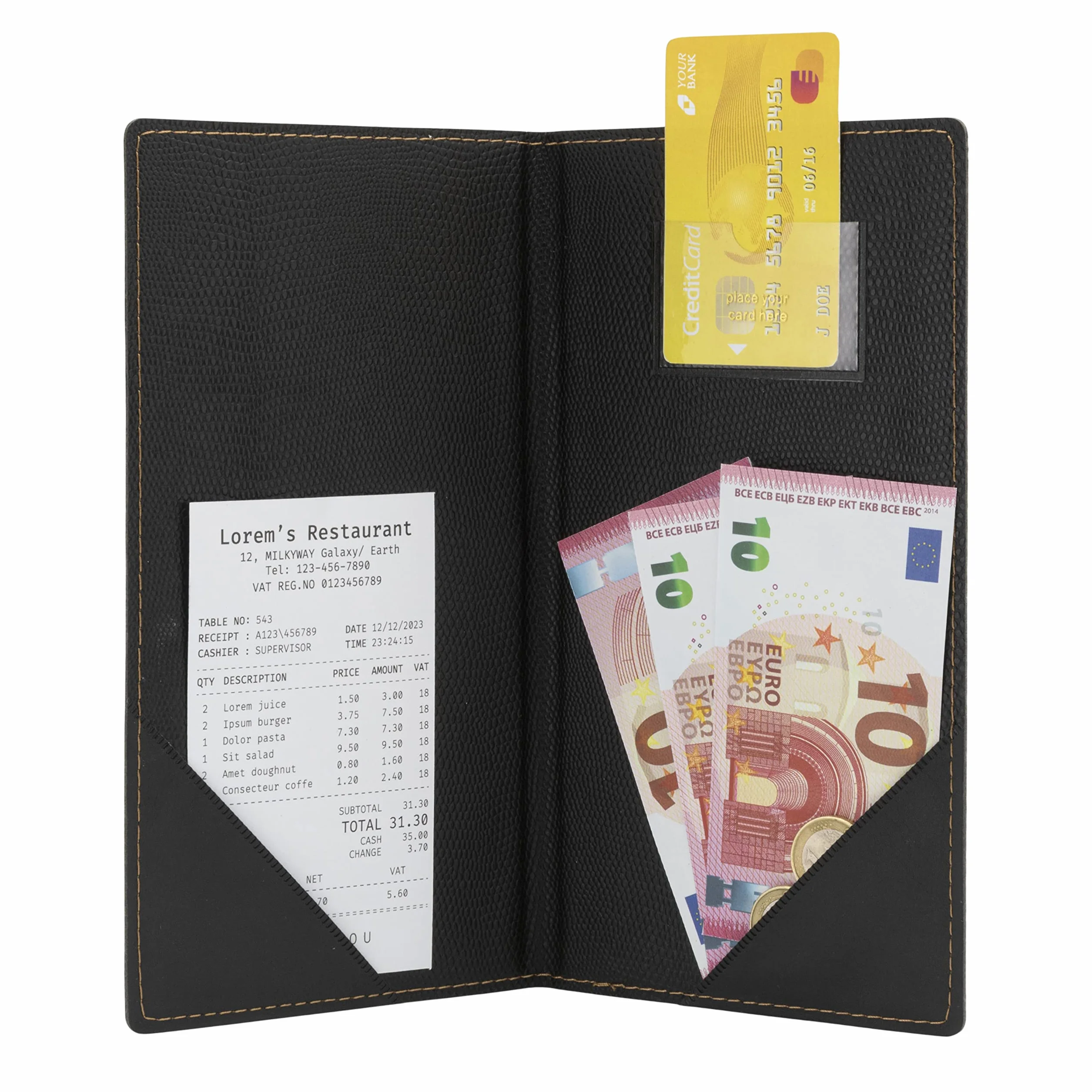 Securit Trendy Menu – prezenter ze sztucznej skóry do restauracji i kawiarni z wewnętrznym gniazdem na karty, uchwyt na karty czeki, książeczka rachunkowa, prezenter czeków – czarny