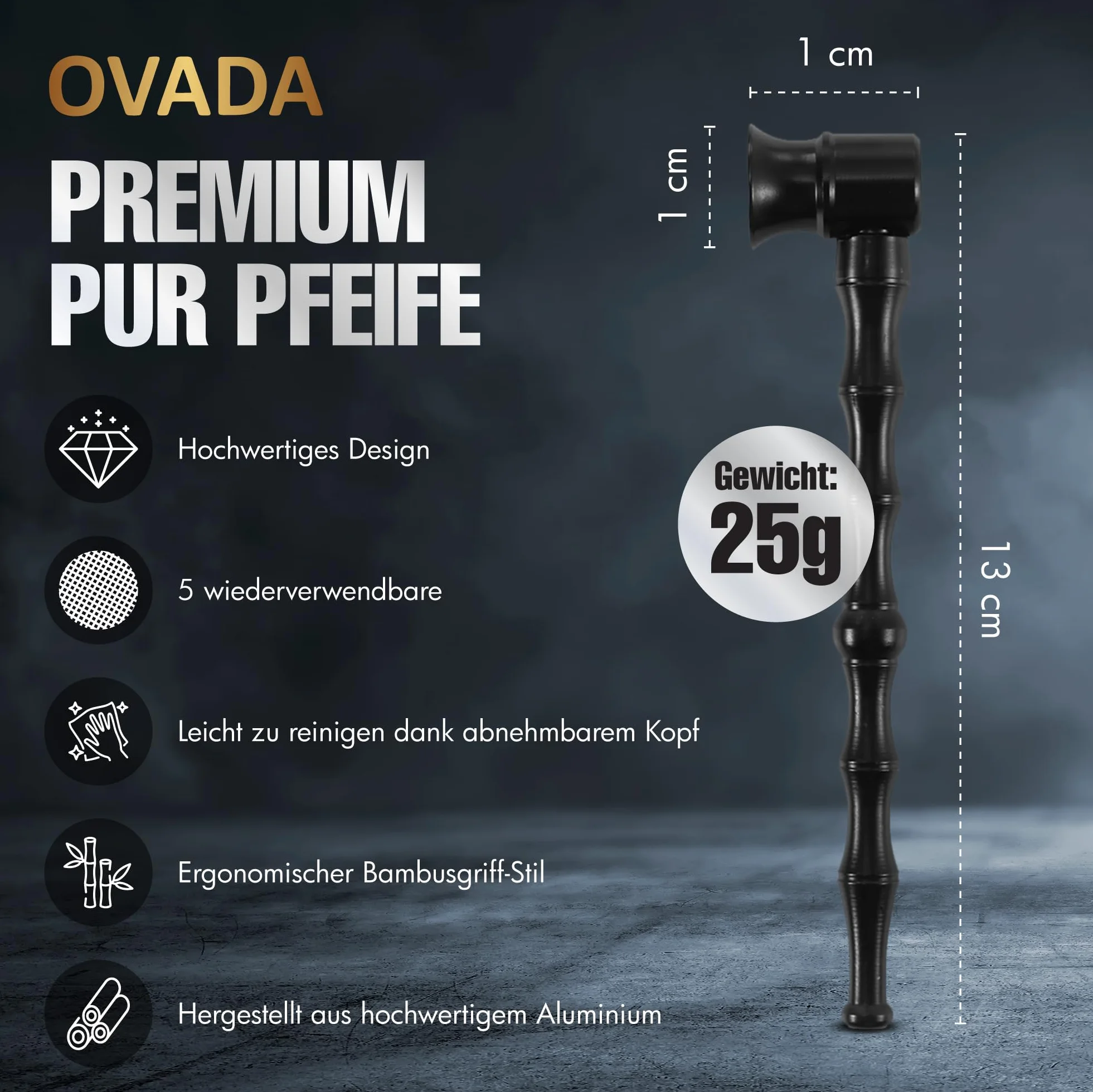 Pur fajka z metalu 13 cm | fajka do ziół i tytoniu | odkręcana głowica | łatwa do czyszczenia | w zestawie 5 sitek ze stali nierdzewnej | wysokiej jakości fajka do ziół / metalowa fajka