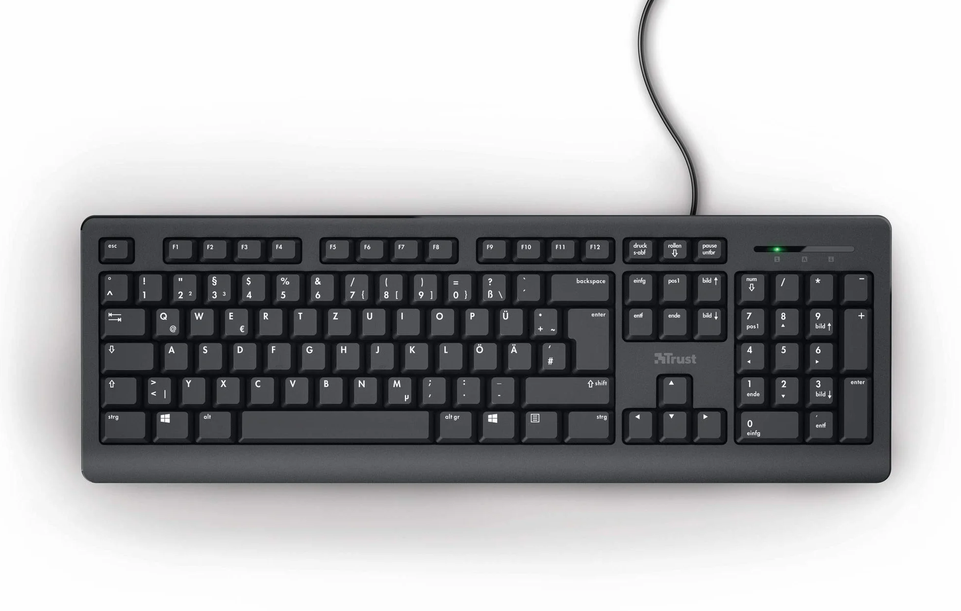 Trust Taro klawiatura przewodowa, niemiecki układ QWERTZ, ciche przyciski, ochrona przed rozbryzgami wody, port USB, kabel o długości 1,8 m, klawiatura do komputera, laptopa, Mac, Windows, macOS –