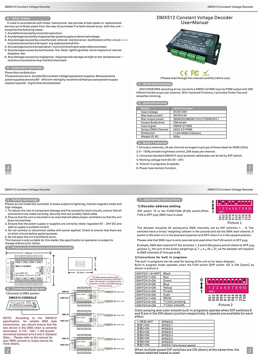 High Power 24 Channel RGB 3A/CH DMX512 Controller Led Decoder Dimmer 500Hz Flicker Free Smoother Dimming DMX Signal Indicator Flashes Function DC 5V-24V