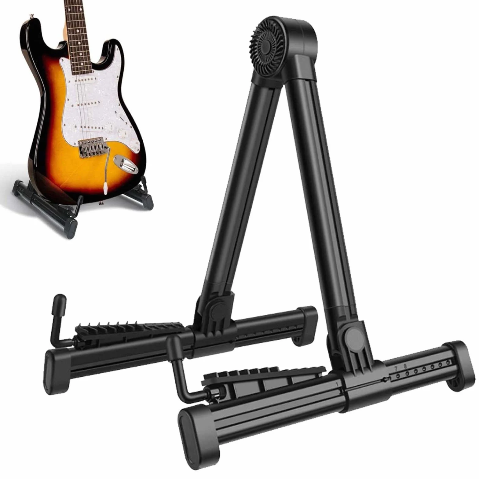 Stojak na gitarę, składany stojak na gitarę, przenośna rama A, regulowany stojak na gitarę, uniwersalny stojak w kształcie litery A, czarny stojak na gitarę, akcesoria do gitary akustycznej,