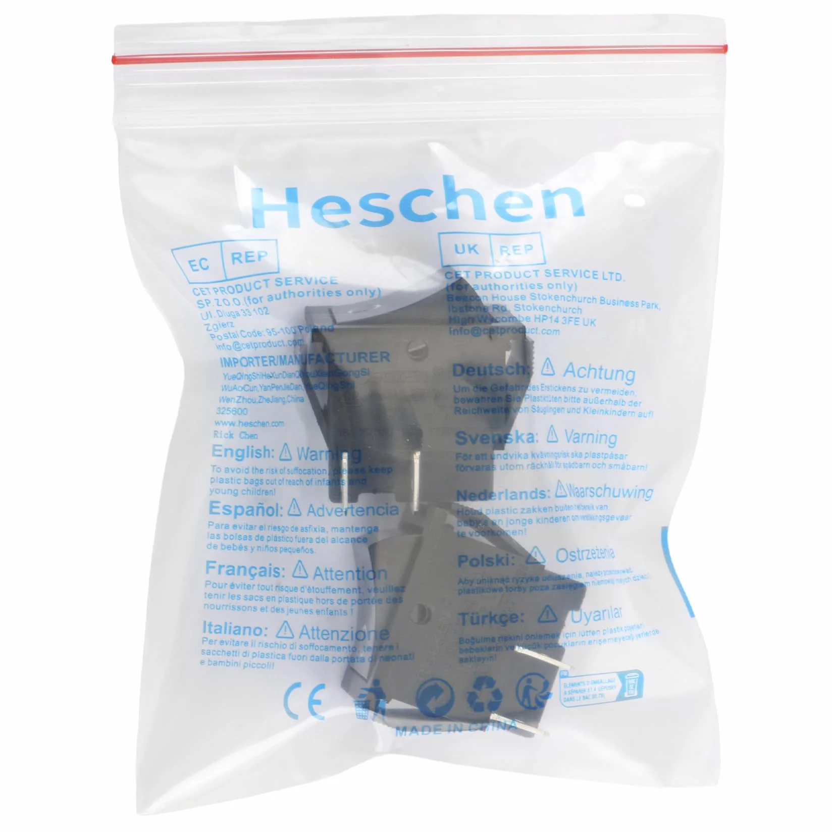 Heschen - Włącznik/wyłącznik, DPST 4 zaciski 16A 250VAC, czarny, zestaw 2 szt