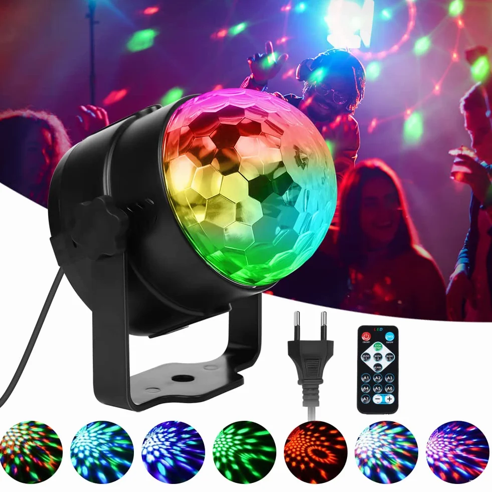 URAQT LED Disco Lights, 360 ° Obrotowy pilot Aktywowane muzyką oświetlenie imprezowe, z pilotem, 7 kolorów RGB Dynamiczny efekt świetlny, oświetlenie sceniczne Reflektory do baru, klubu (1 opakowanie)