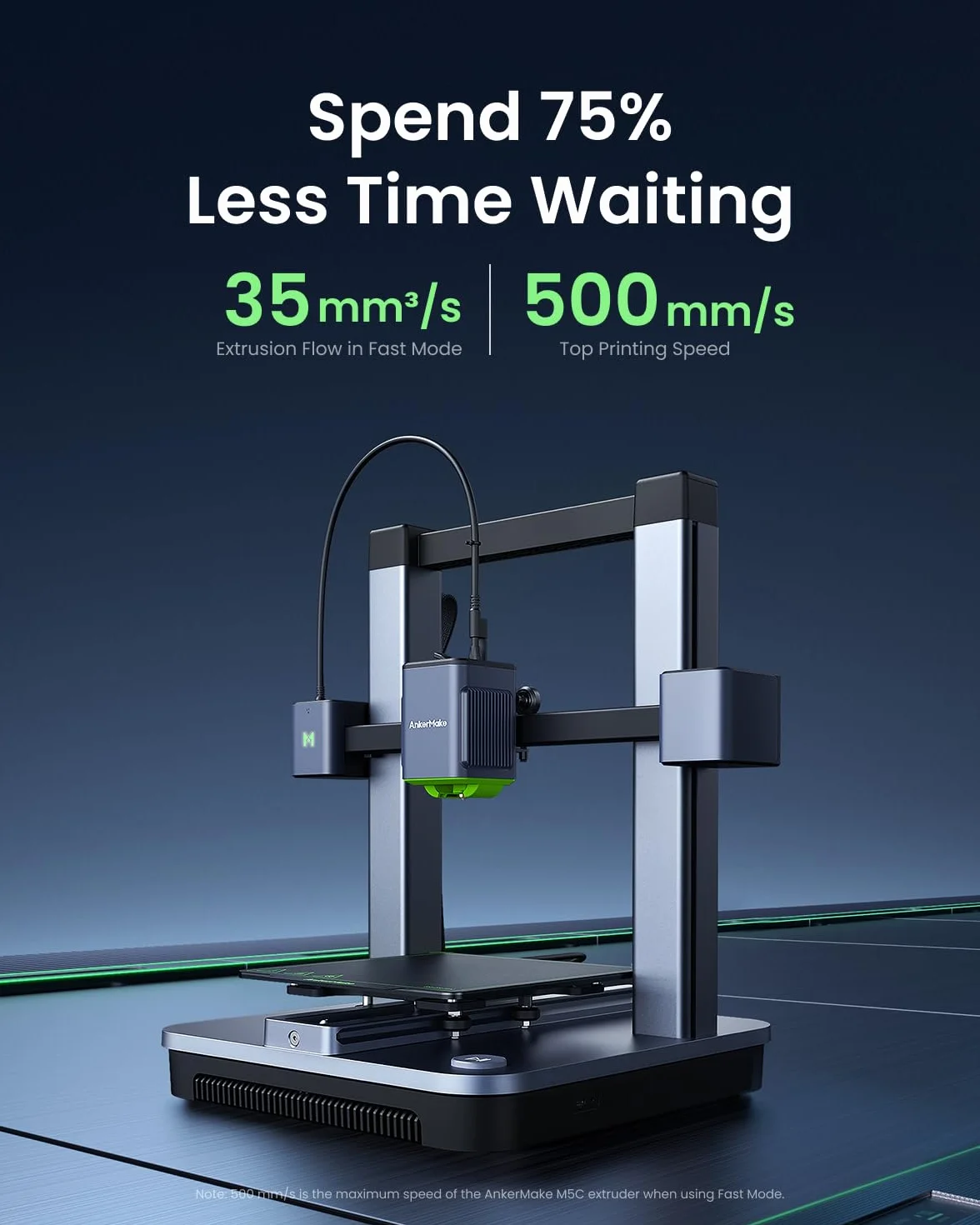 Drukarka 3D AnkerMake M5C, szybkie drukowanie 500 mm/s, bezprzewodowe sterowanie wieloma urządzeniami, całkowicie metalowy hotend 300°C, rozdzielczość 50 μm, automatyczne poziomowanie 7×7