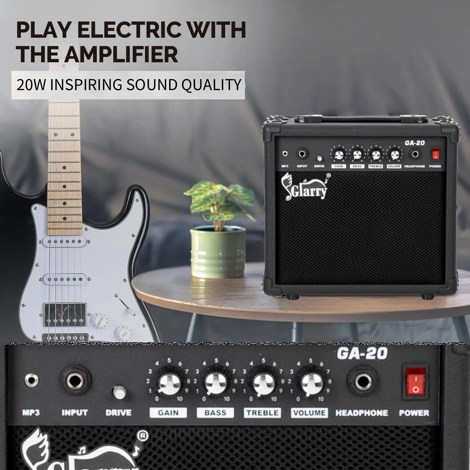 GLARRY Wzmacniacz do gitary elektrycznej, przenośny wzmacniacz lampowy do gitary z wejściem słuchawkowym MP3, wzmacniacz gitarowy 20 W, akcesoria głośnikowe z kontrolami basu, głośności, wysokich i