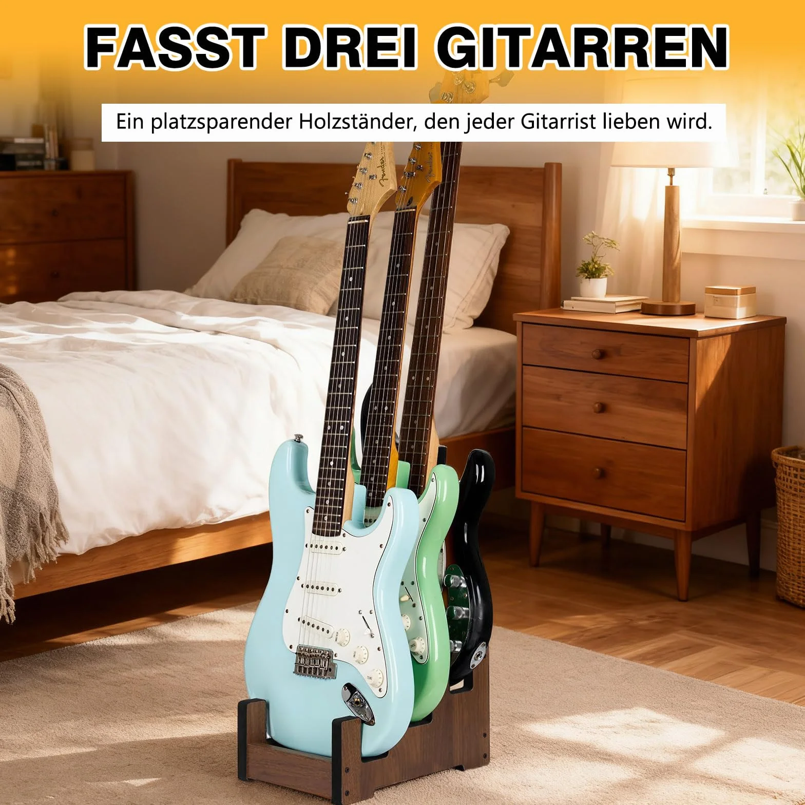 Stojak na wiele gitar z drewna, 3-w-1 wyściełany wielofunkcyjny stojak na gitary, oszczędny pokój, 3-gitarowy stojak ekspozycyjny do domu, studia, sceny (dla 3 gitar elektrycznych/basowych)