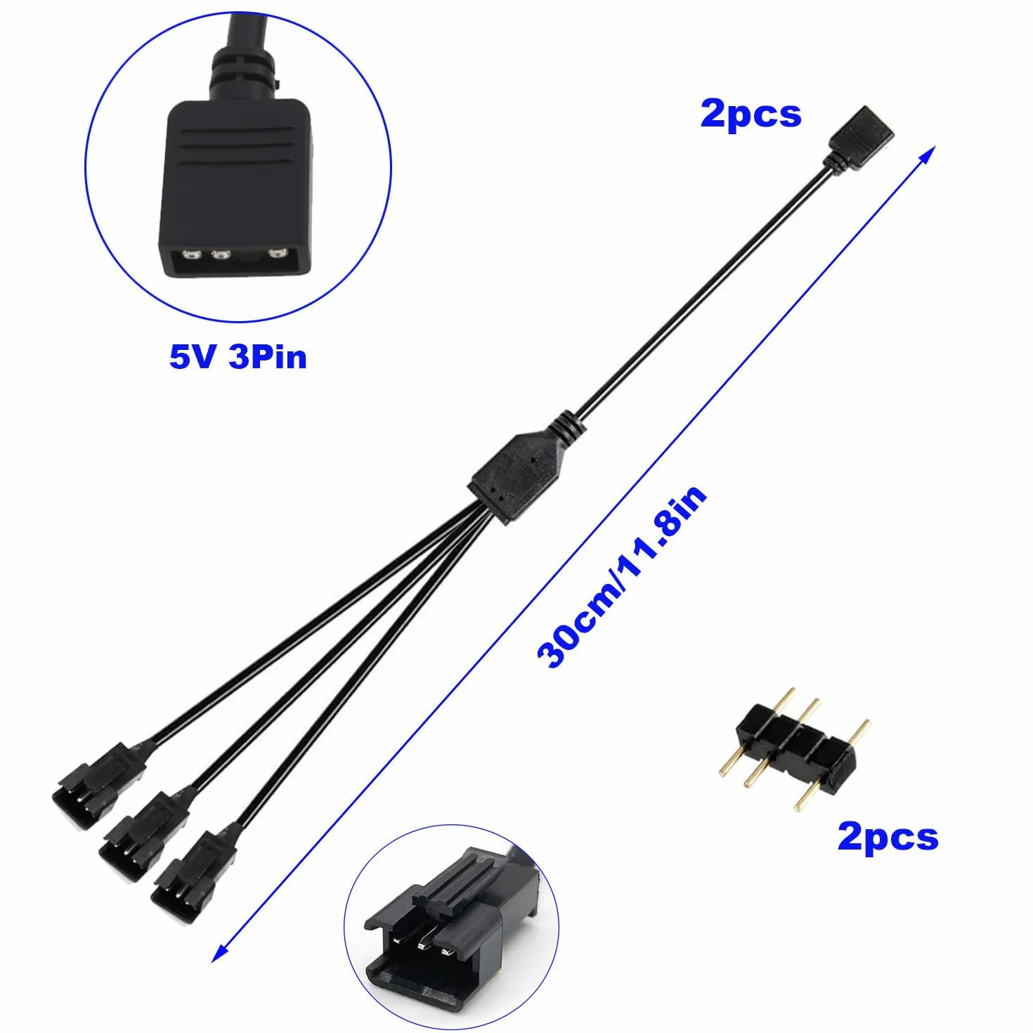 RUNCCI-YUN 2 sztuki, 1 do 3 ARGB przedłużacz ARGB 5 V, 3 piny, żeński do JST SM 3-pinowy męski, ARGB przedłużacz wentylatora RGB, paski LED (czarny)