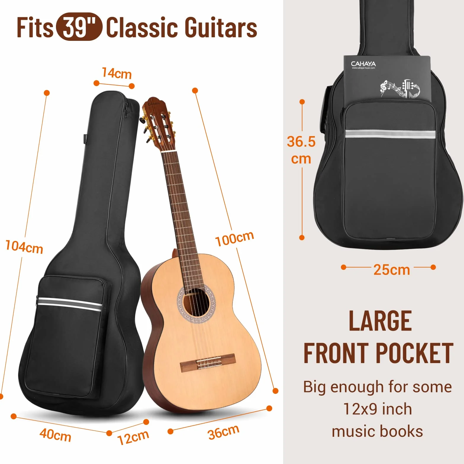 CAHAYA Torba na gitarę klasyczną 90 cm torba na gitarę miękki futerał o grubości 6 mm wyściełana plecak na gitarę z dużymi kieszeniami paski odblaskowe model CY0288