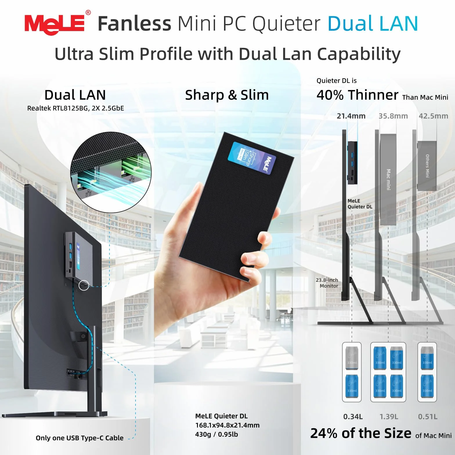 MeLE QuieterDL Fanless Mini PC 2,5 GB Dual LAN Alder Lake N100 (do 3,4 GHz), 4 GB DDR4 128 GB ROM, Windows 11 Home, mikroPC, USB-C HDMI2.0 + DP1.4, potrójny wyświetlacz, komputer stacjonarny