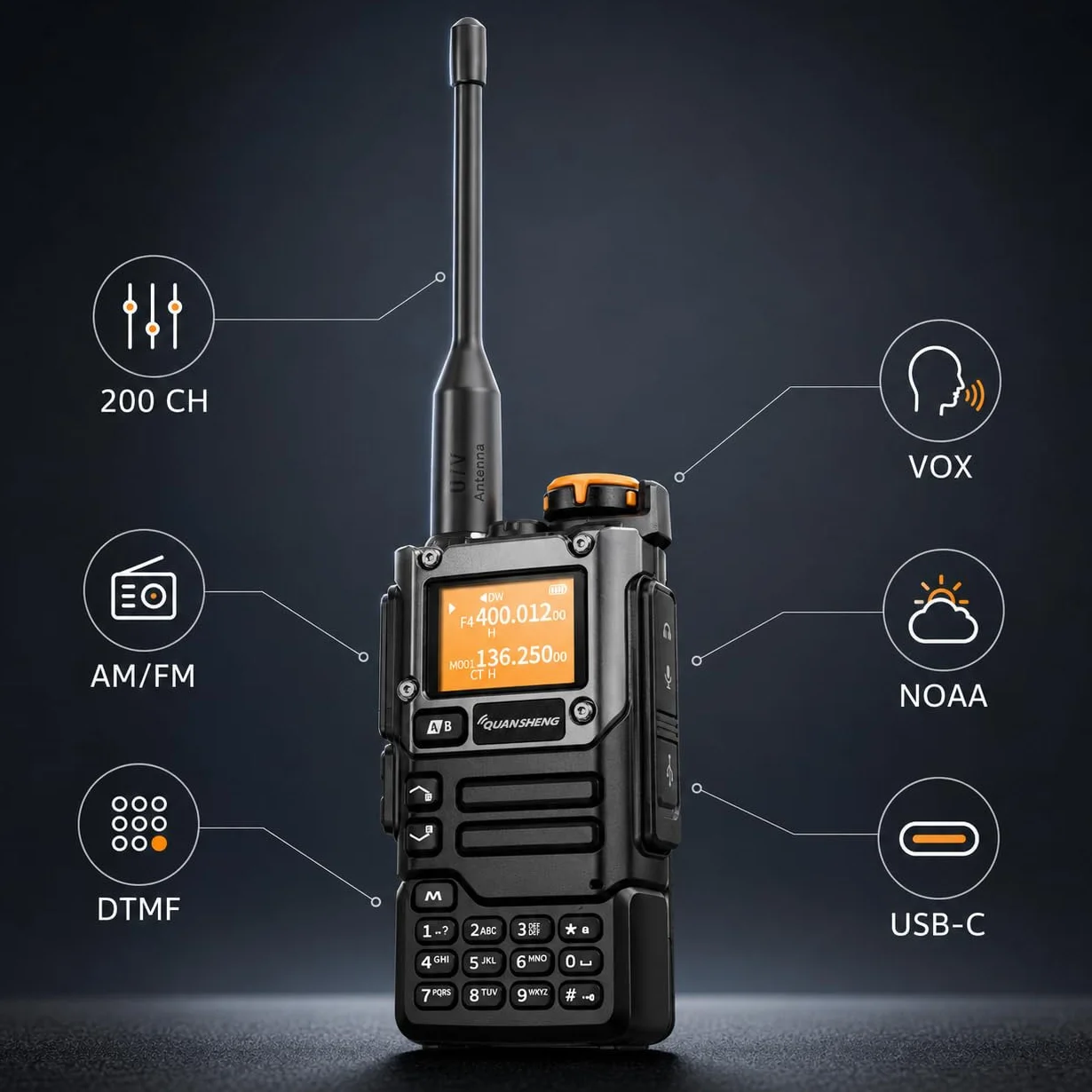 QUANSHENG UVK5(8) AM/FM/DTMF Walkie-Talkie 200 kanałów Type-C