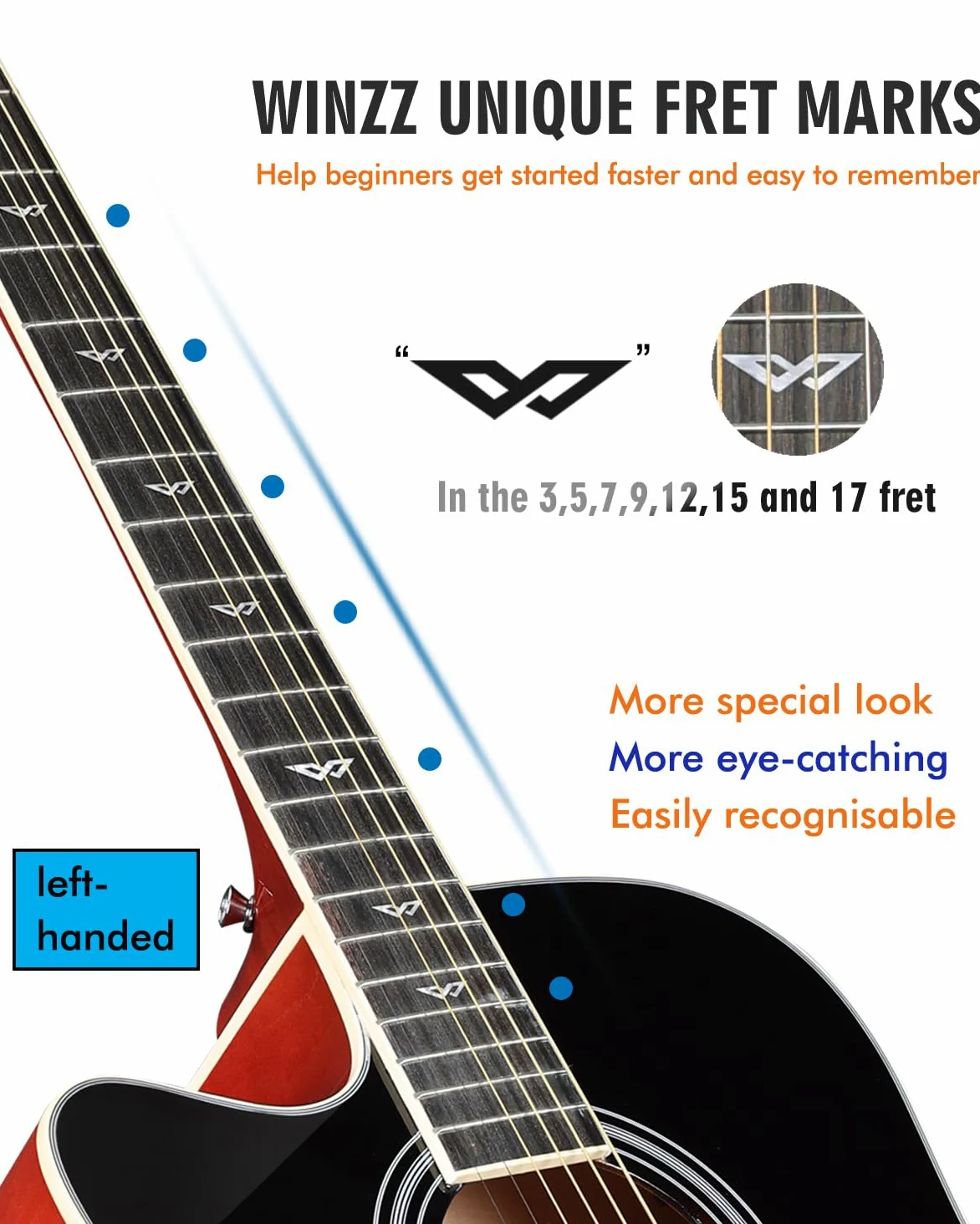 Winzz 4/4 Gitara Elektroakustyczna, Leworęczna Gitara Westernowa, Zestaw dla Dorosłych Początkujących, Gitara Akustyczna 41 Cali z 4-pasmowym Ekwalizerem (Dreadnought, Połyskujący Sunburst)