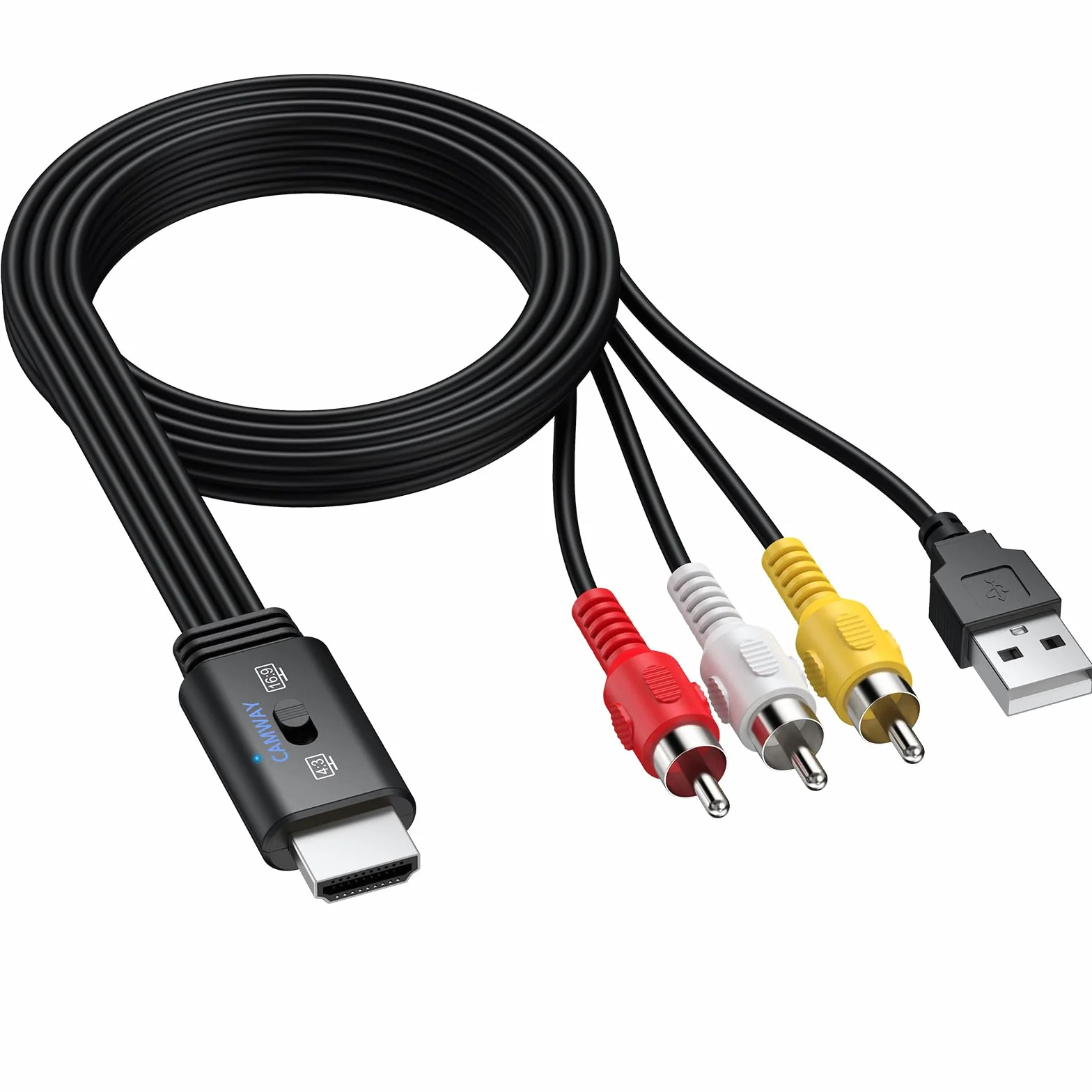 CAMWAY 1080P Konwerter RCA na HDMI, kabel męski 1,5 m - bezstratna transmisja, przełącznik 16:9/4:3, adapter Pro AV do HDMI dla magnetowidów/VHS/odtwarzaczy DVD, mini kompozytowy adapter audio-wideo