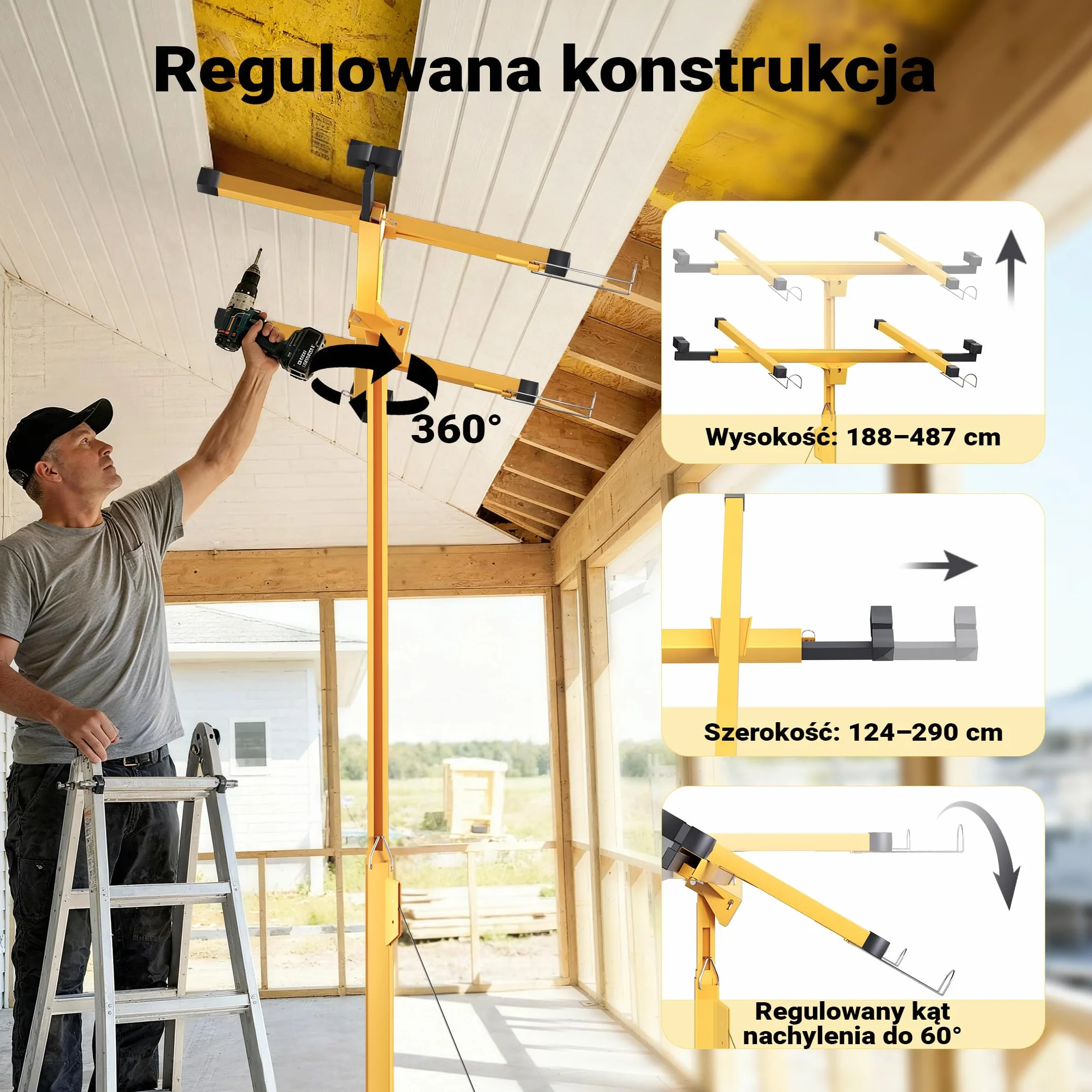 XPOtool Podnośnik do płyt kartonowo gipsowych do 68kg regulowana wysokość 188-487cm pomoc montażowa