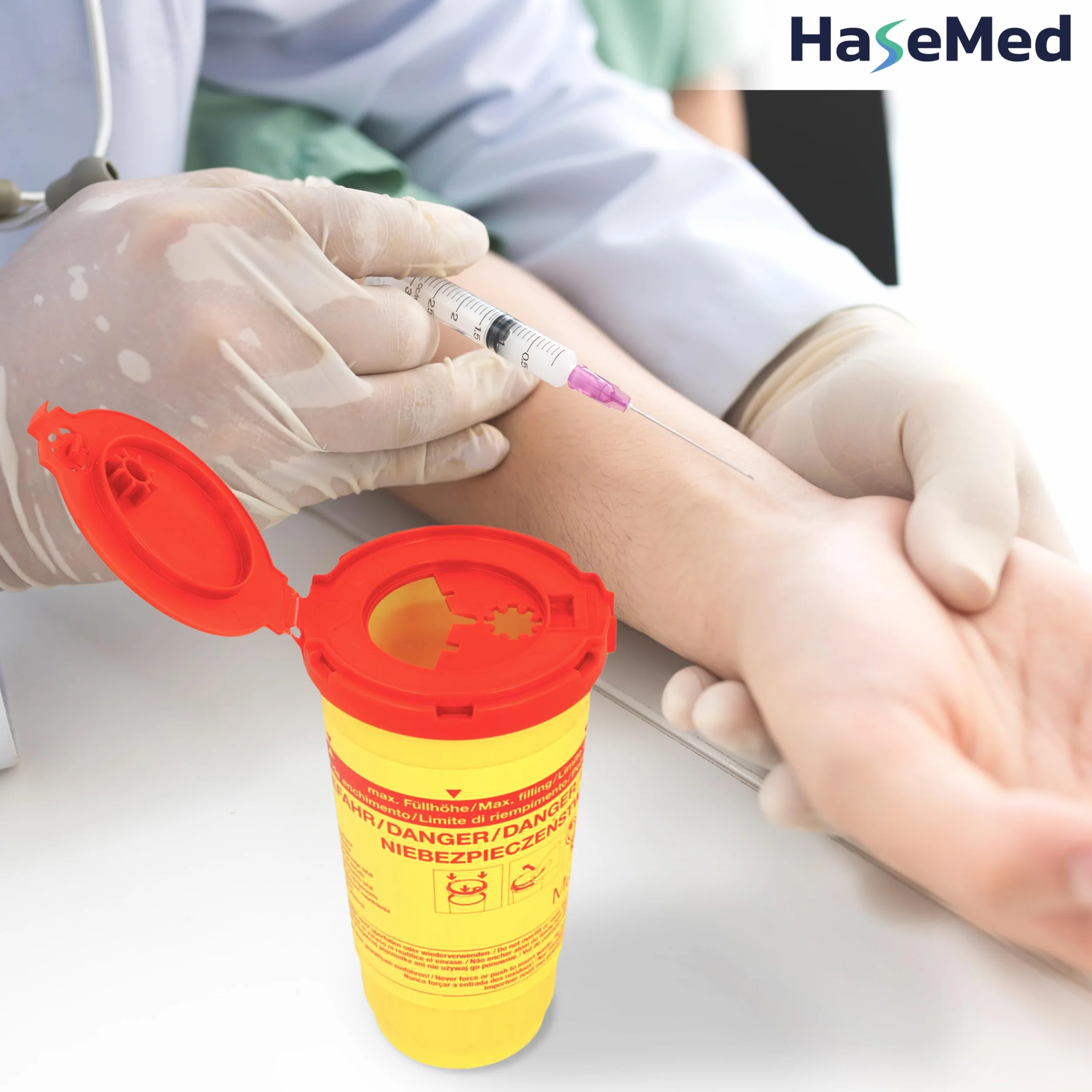 HaseMed Biohazard pojemnik na odpady z igłami, strzykawkami i ostrymi przedmiotami, bezpieczny, higieniczny, z czerwoną pokrywką, do klinik i placówek opieki (500 ml)