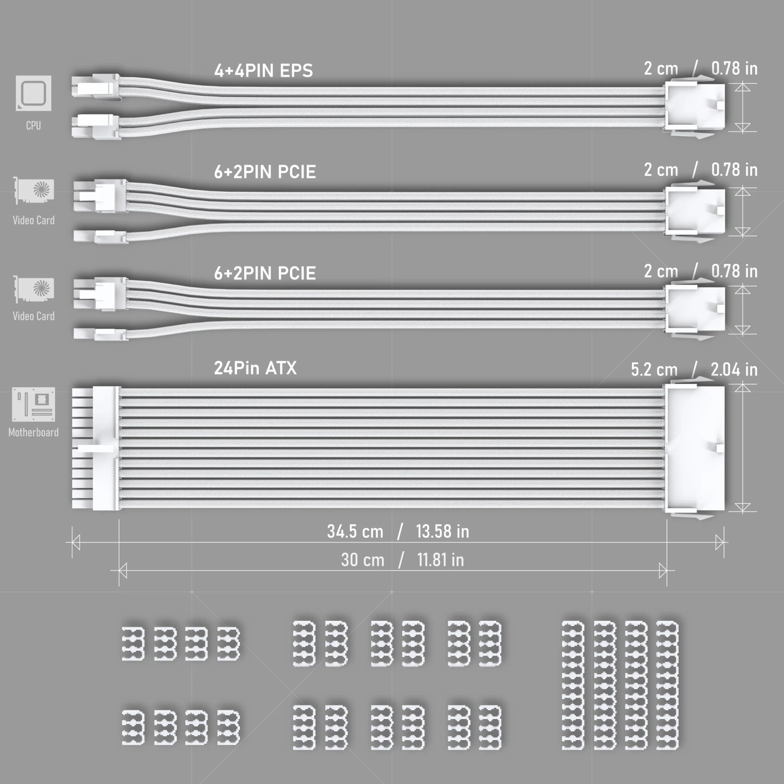 EZDIY-FAB Przedłużacz kabla zasilacza, nylonowy pleciony 24PIN/8PIN do 6+2 pinów, 30cm, Biały