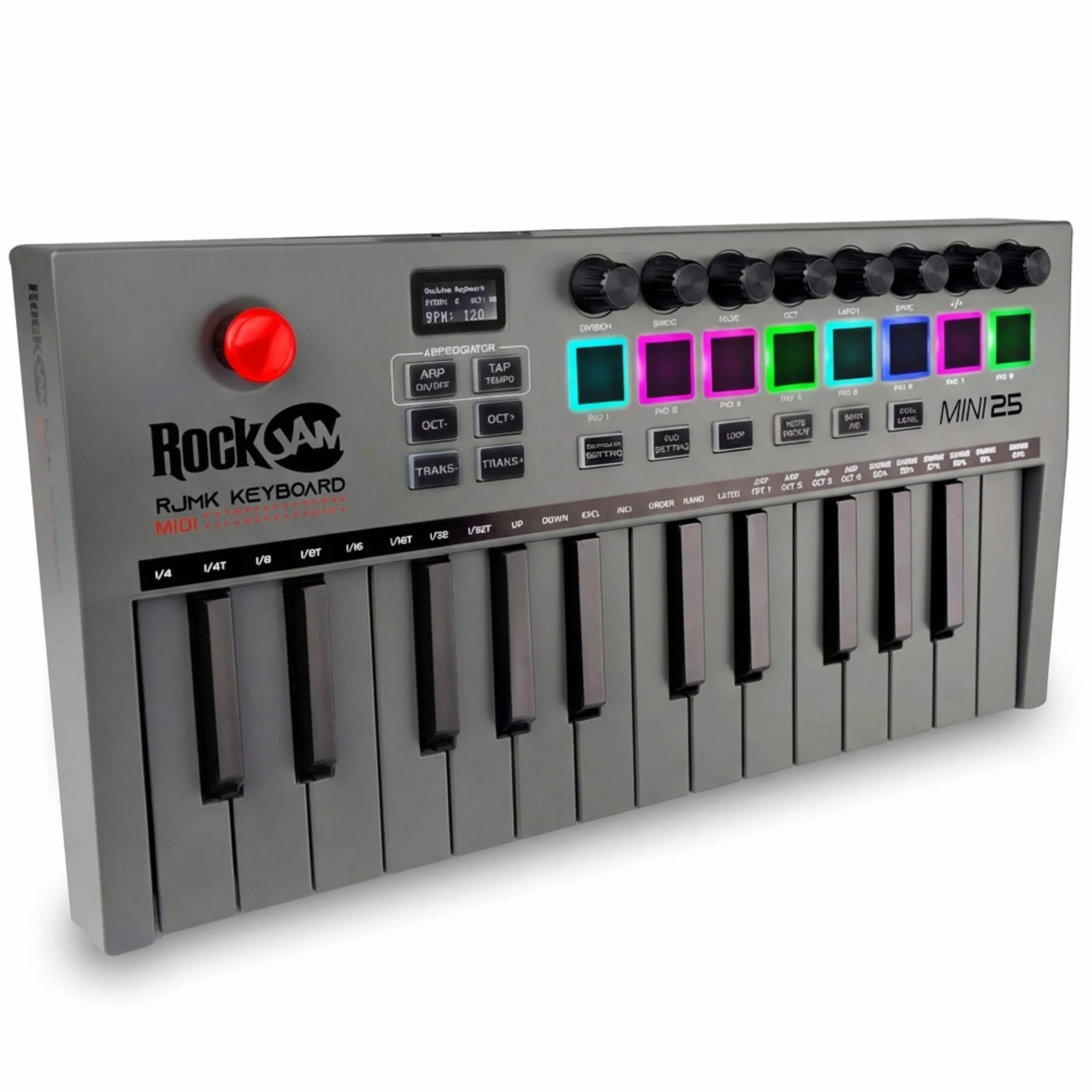 RockJam Go 25 kluczy USB i Bluetooth MIDI Keyboard Controller z 8 podkładkami perkusyjnymi tylnymi, 8 Knobs