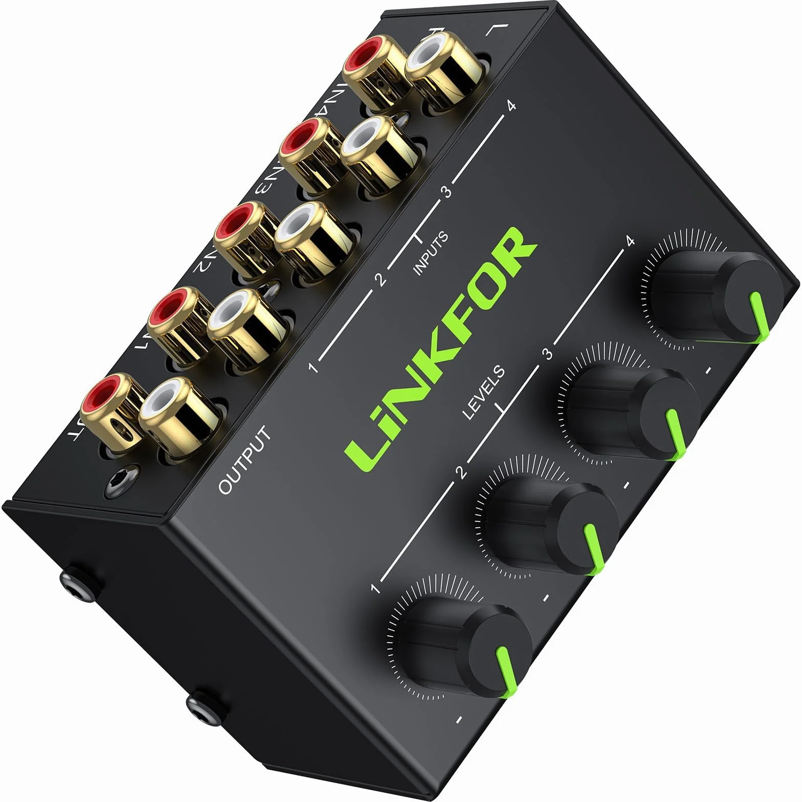 LiNKFOR 4-kanałowy mikser audio stereo CX400 metalowa obudowa obsługuje wejście i wyjście RCA mini pasywny mikser stereo z oddzielnymi regulacjami głośności
