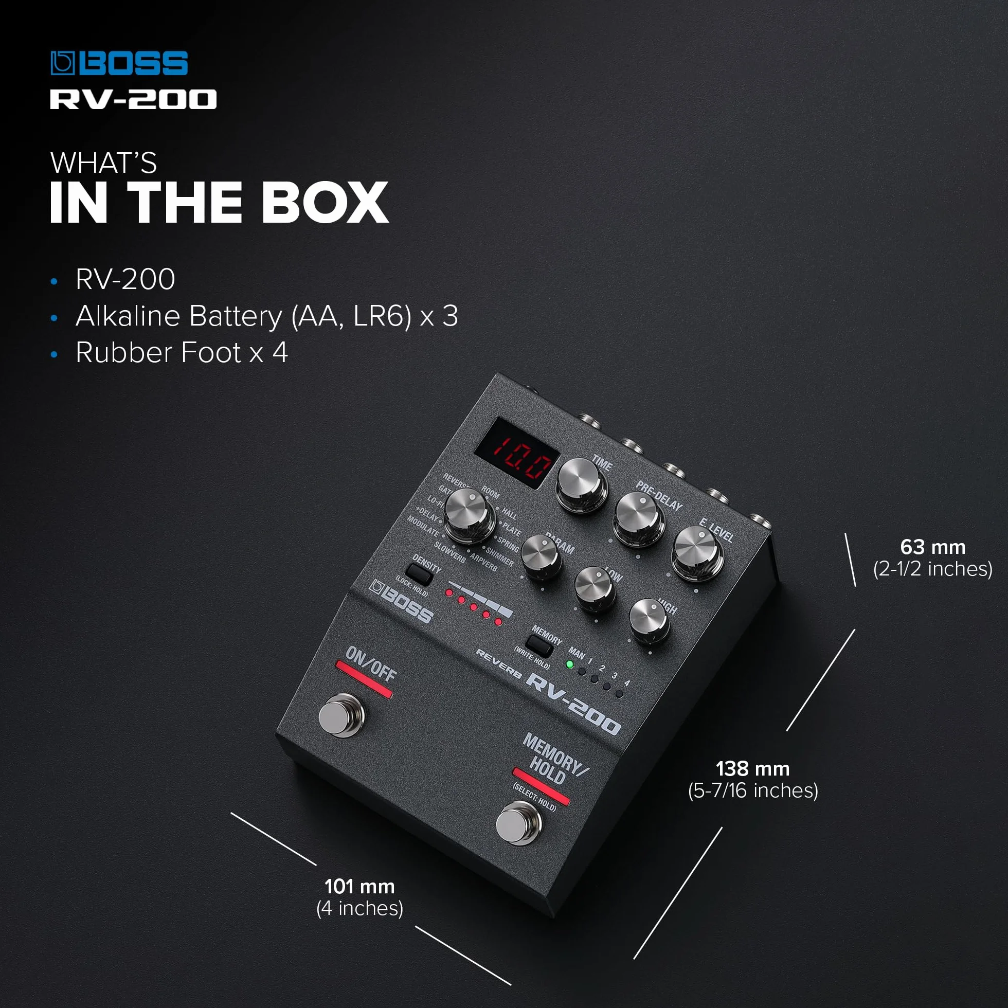 BOSS RV-200 Reverb | Najwyższej Jakości Przetwarzanie Pogłosu w Udoskonalonym Pedale Efektów BOSS serii 200 do Gitary i Innych Instrumentów | 12 Typów Pogłosu, w tym Arpverb | 127 Pamięci Użytkownika