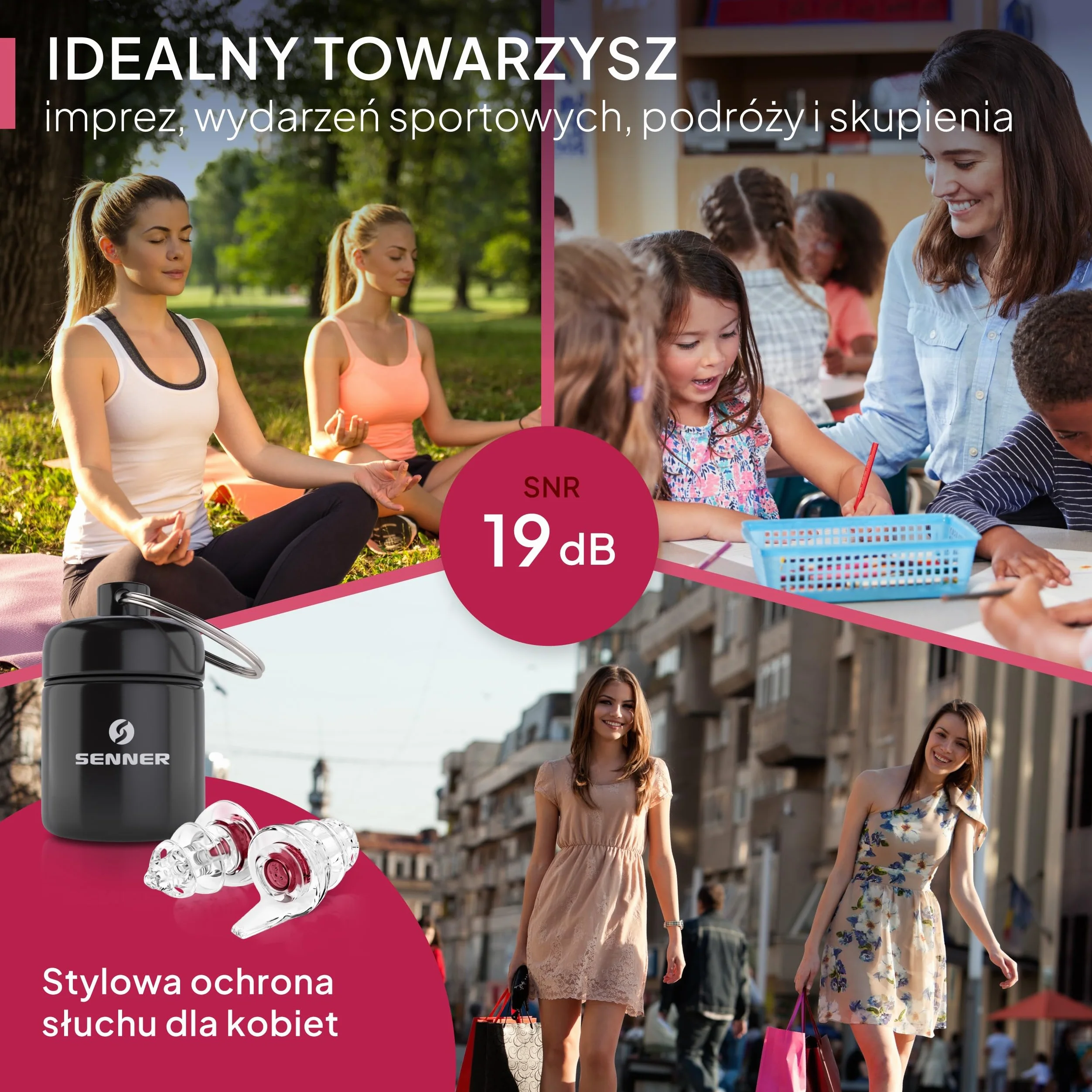 Senner WomenPro zatyczki do ochrony słuchu w praktycznym aluminiowym pojemnikiem.Idealne dla kobiet, wyjątkowo łatwe do noszenia, wygłuszają otoczenie.