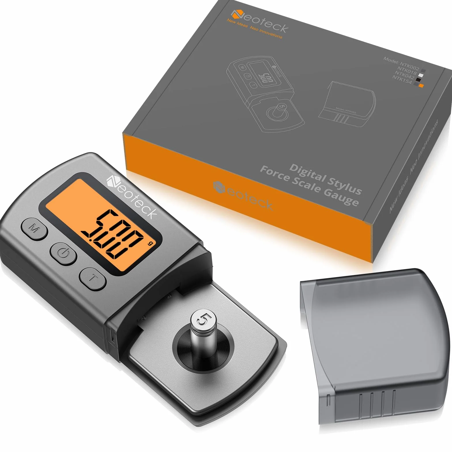 Neoteck Cyfrowy gramofon Stylus Force Scale Gauge 0,01 g/5,00 g z pomarańczowym podświetleniem LCD i kalibracją 5 g, manometr rysika do wkładu gramofonowego - srebrny