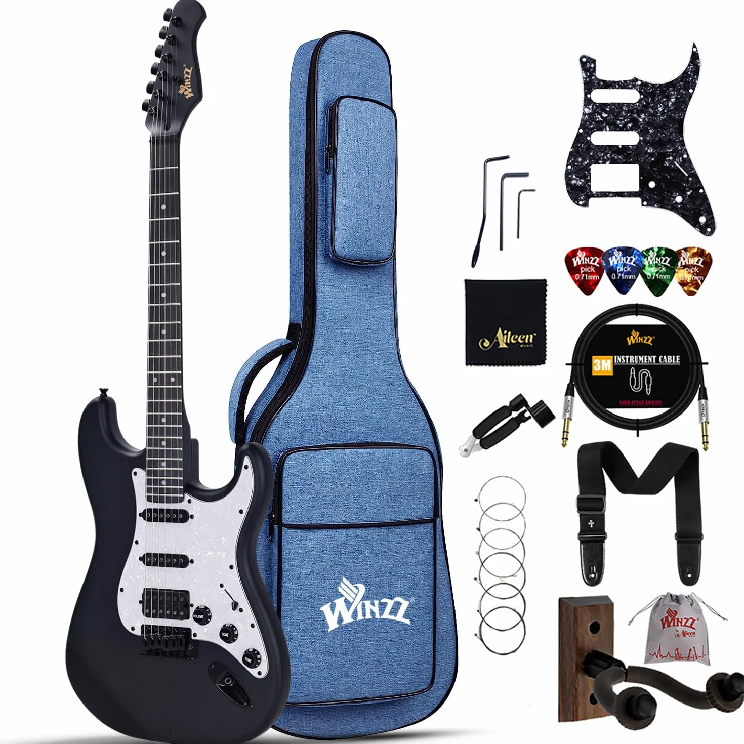 Winzz Gitara elektryczna 4/4 dla dorosłych, ST HSS, zestaw dla początkujących z 12 akcesoriami, dla dzieci 12+ lat (99,1 cm, czarny matowy, biała płytka ochronna)