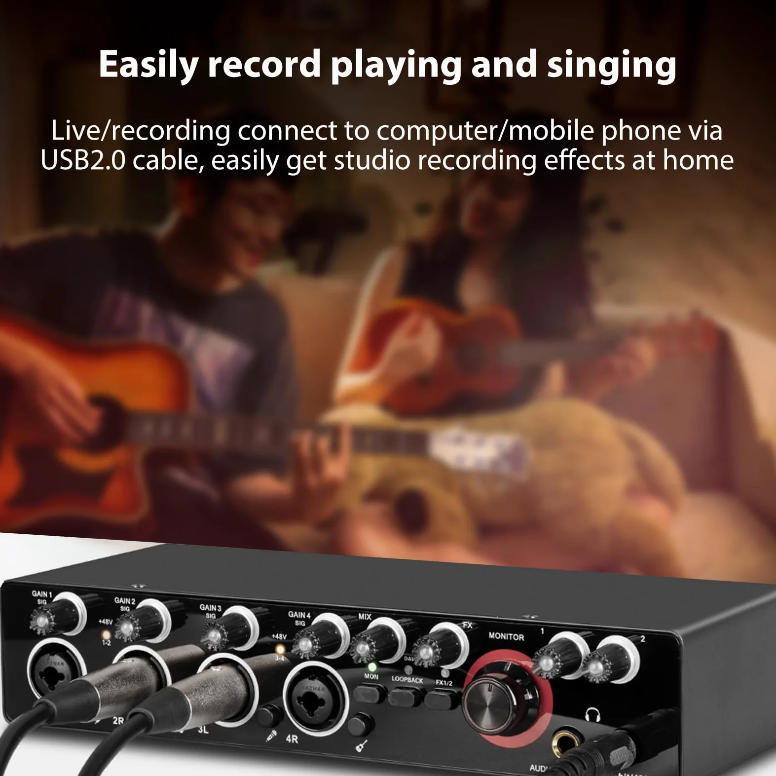 HUIOP 4-kanałowa karta dźwiękowa do nagrywania z interfejsem audio bez sterownika, 4-wejściowa karta dźwiękowa USB i 4 wyjścia 24 bity/192 kHz zasilanie fantomowe 48 V dla