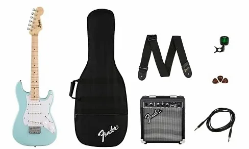 Fender FSR Squier Electric Mini Stratocaster gitara elektryczna Daphne Blue, idealna dla początkujących, w zestawie wzmacniacz, kabel, pasek na ramię, kostki i tuner z klipsem