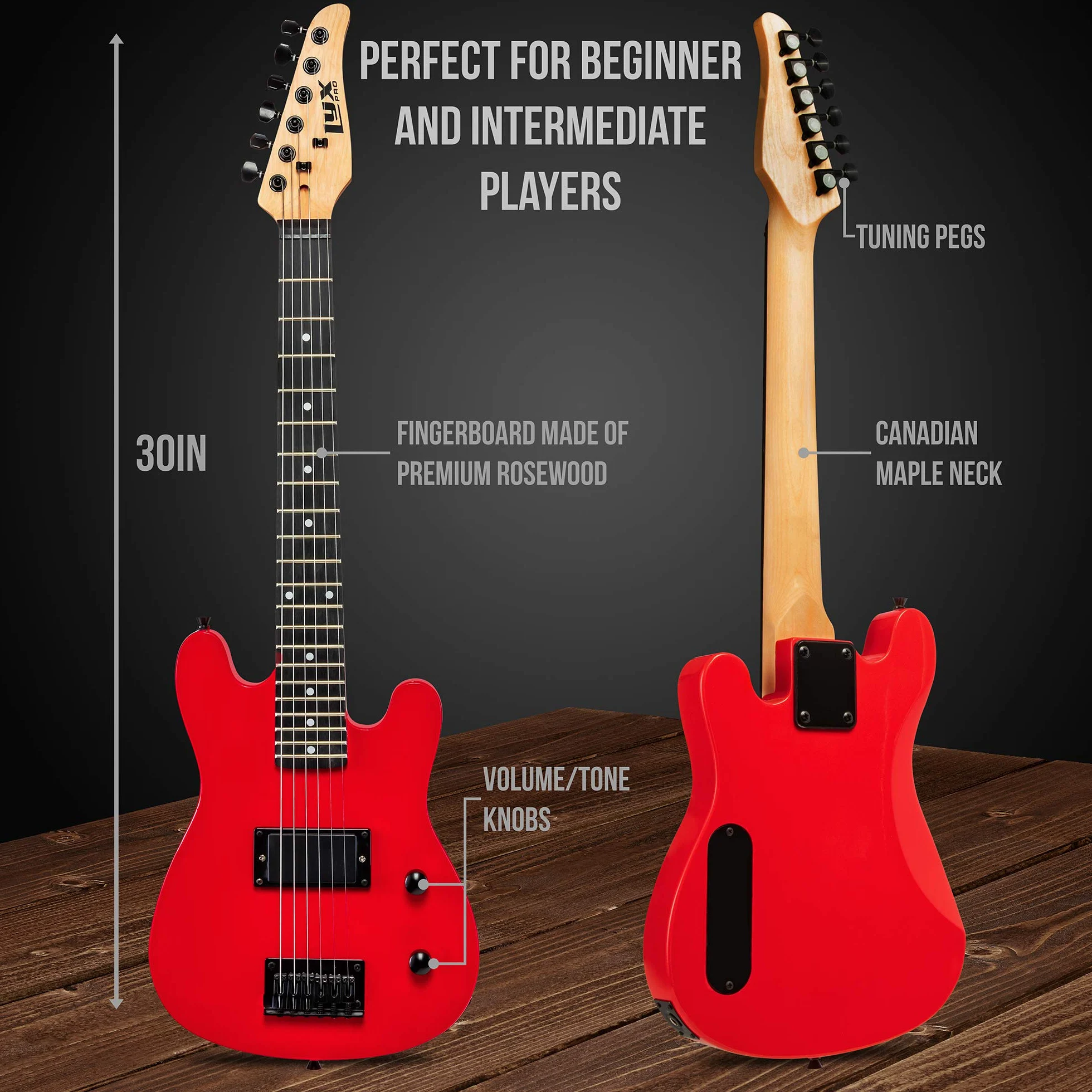 LyxPro Gitara elektryczna i zestaw startowy 30 cali dla dzieci z gitarą dla początkujących, wzmacniaczem, sześcioma strunami, dwoma kostkami, paskiem na ramię, cyfrowym tunerem, kablem gitarowym i