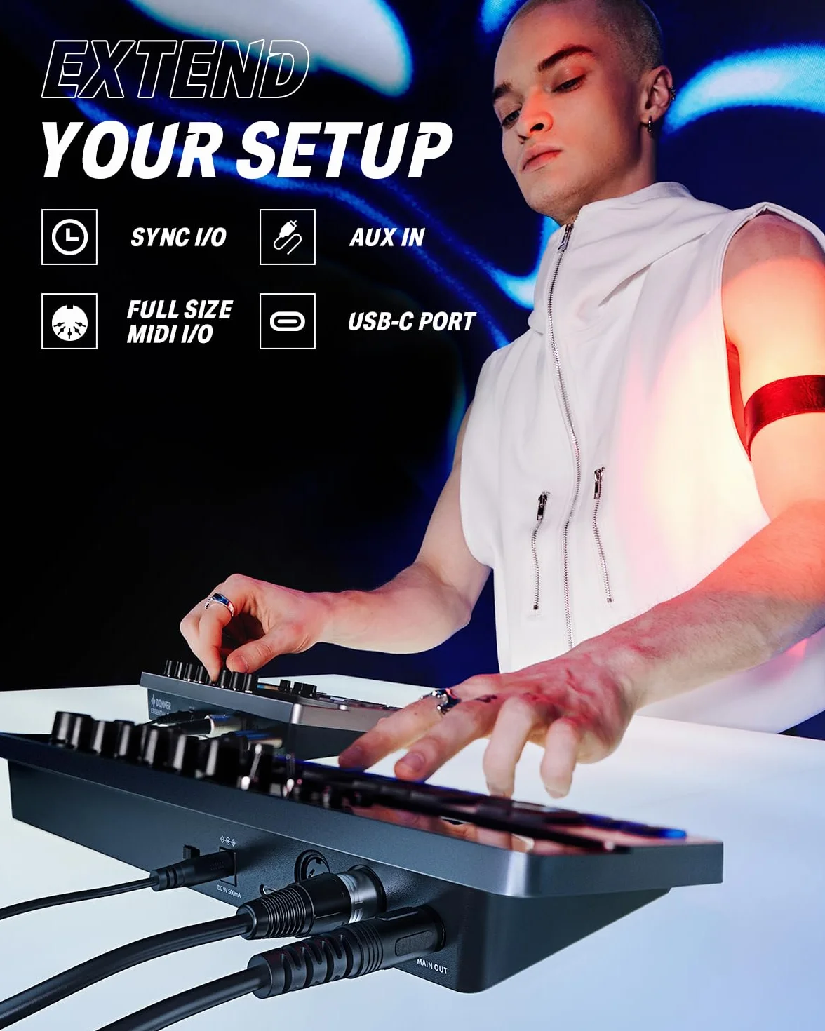 Analogowy syntezator basowy i sekwencer, Donner Essential B1 z intuicyjnym interfejsem użytkownika, 128 pamięci wzorców, efekty nasycenia i opóźnienia, idealny do klasycznego dźwięku kwasowego