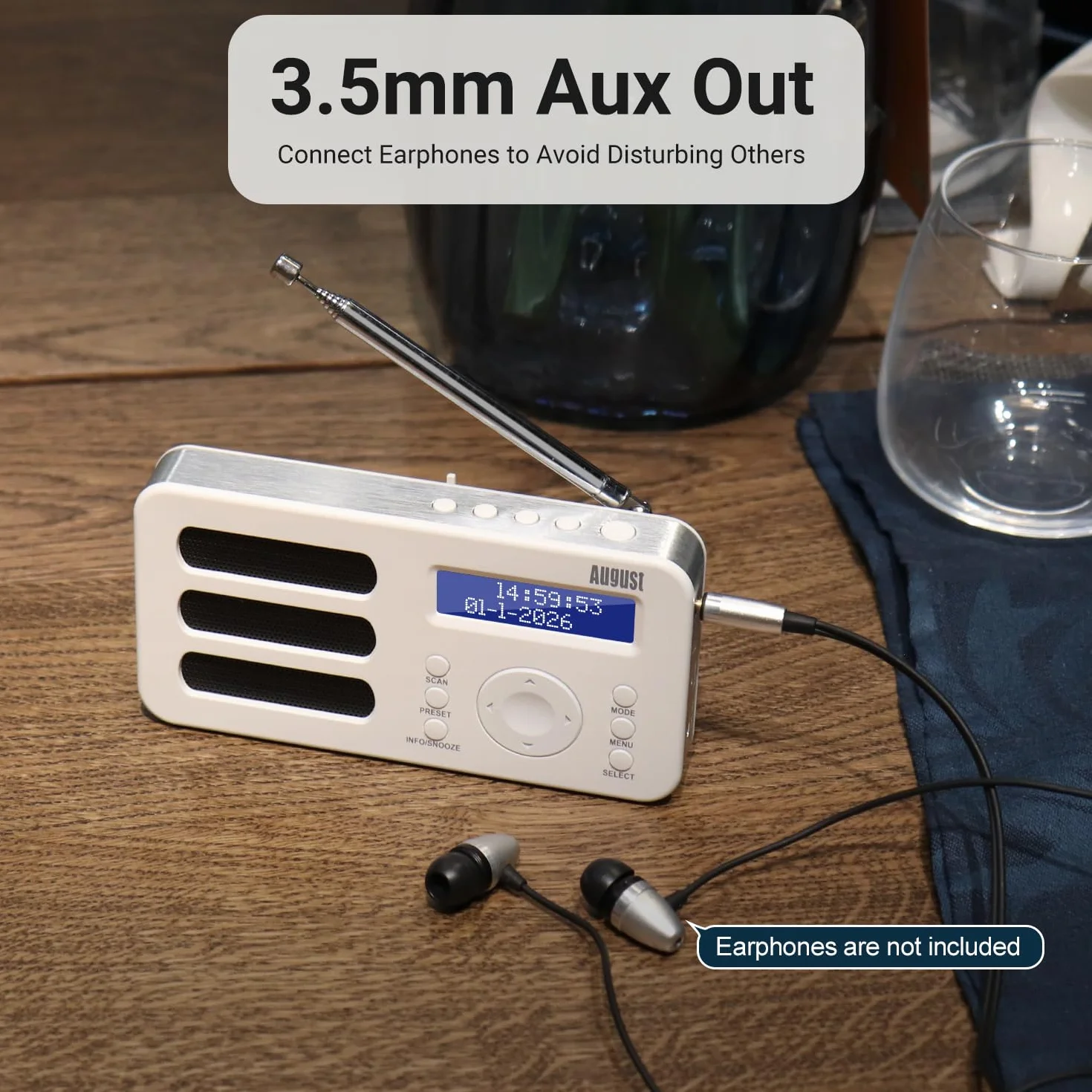 August MB225 - Przenośne radio cyfrowe - DAB/DAB + / FM - funkcja RDS, możliwość zaprogramowania 40 stacji, przenośne radio stereo/mono, podwójny alarm, akumulator, gniazdo słuchawkowe (białe)