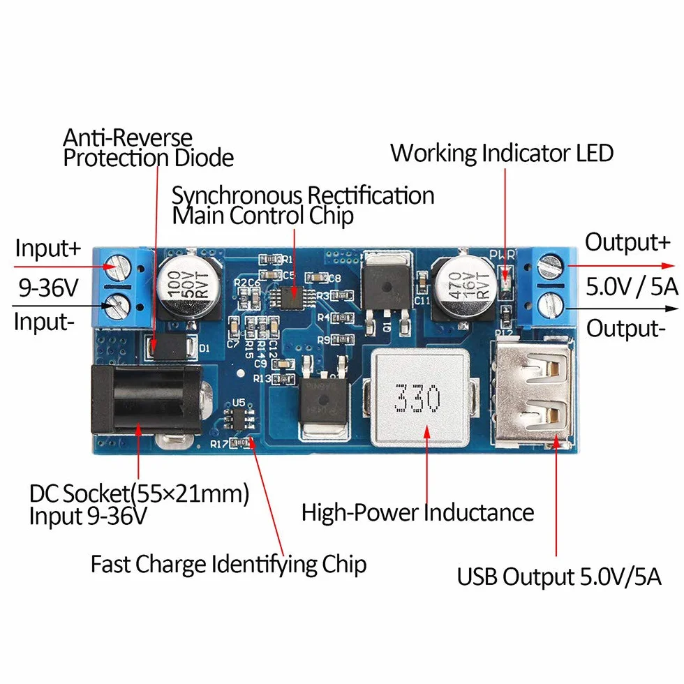 Konwerter Zasilacz Step-Down 12 V / 24 V do 5 V 5 A - Regulator Napięcia DC 9 V-36 V Wejście do DC 5 V-5,3 V 3,5-6 A Transformator