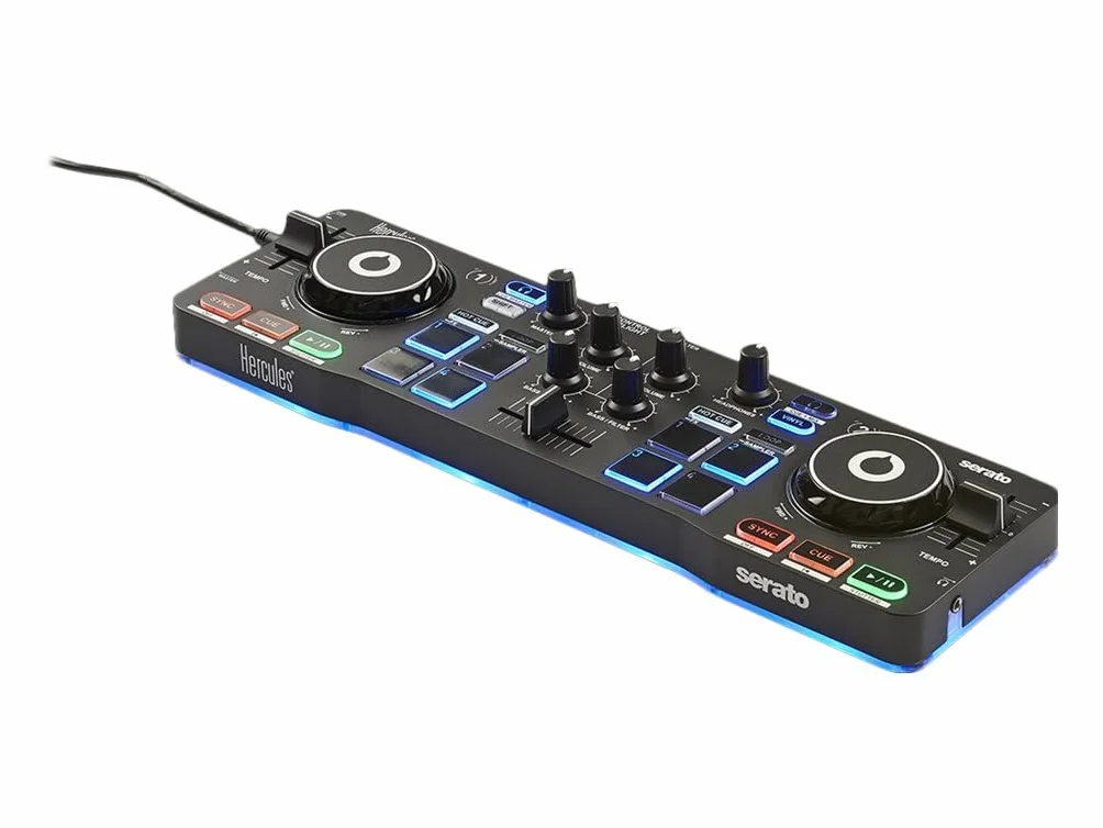 Hercules DJControl Starlight – Przenośny 2-kanałowy kontroler DJ z USB i 8 padami, z oprogramowaniem Serato DJ Lite, kompatybilny z PC i Mac
