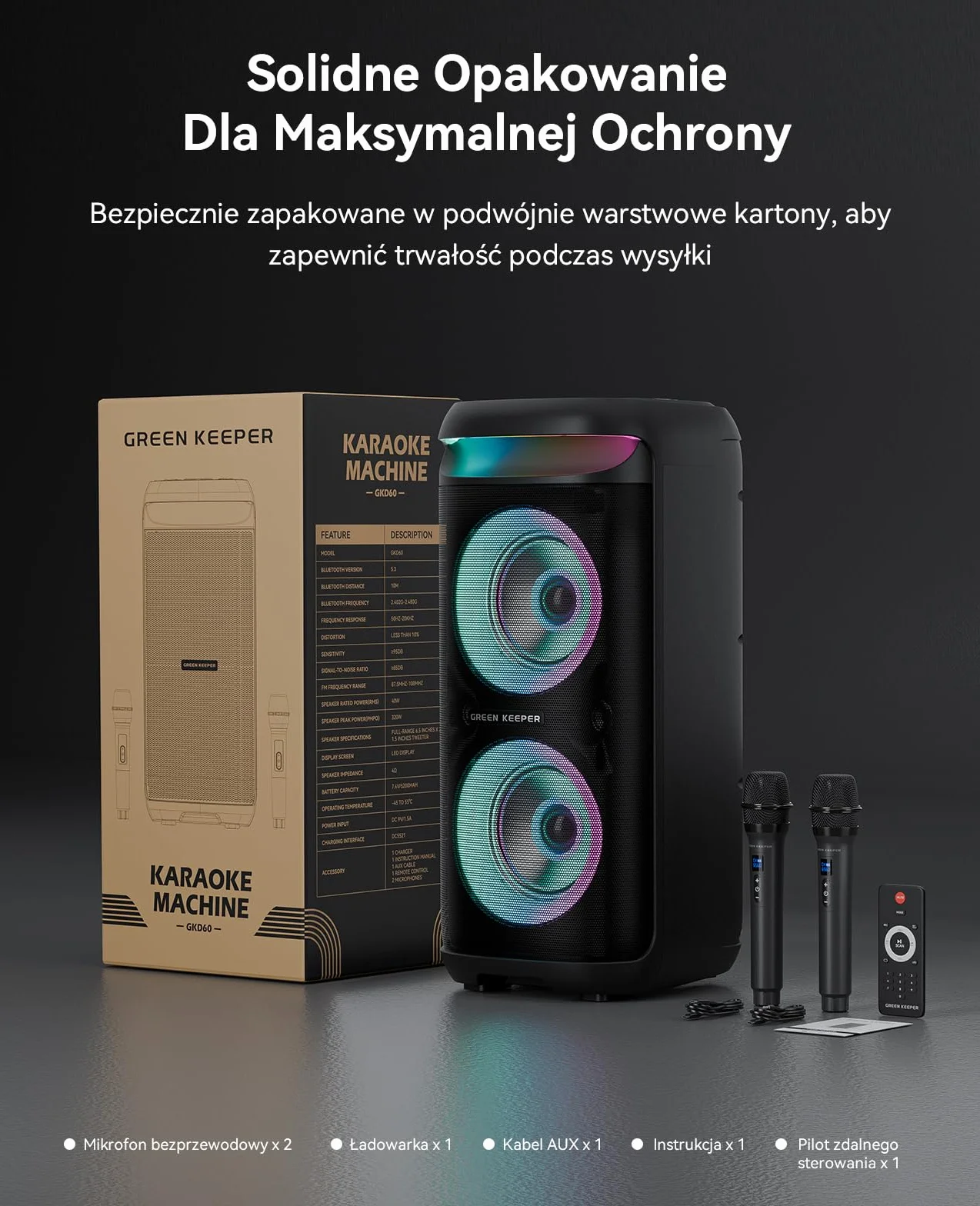 GKD60 Karaoke Box dla Dorosłych z 2 Mikrofonami Bezprzewodowymi, Przenośny Bluetooth Głośnik na Imprezę, System Audio 500W Mocy Szczytowej z LED, USB/TF/AUX, Idealny na Imprezę na Świeżym Powietrzu