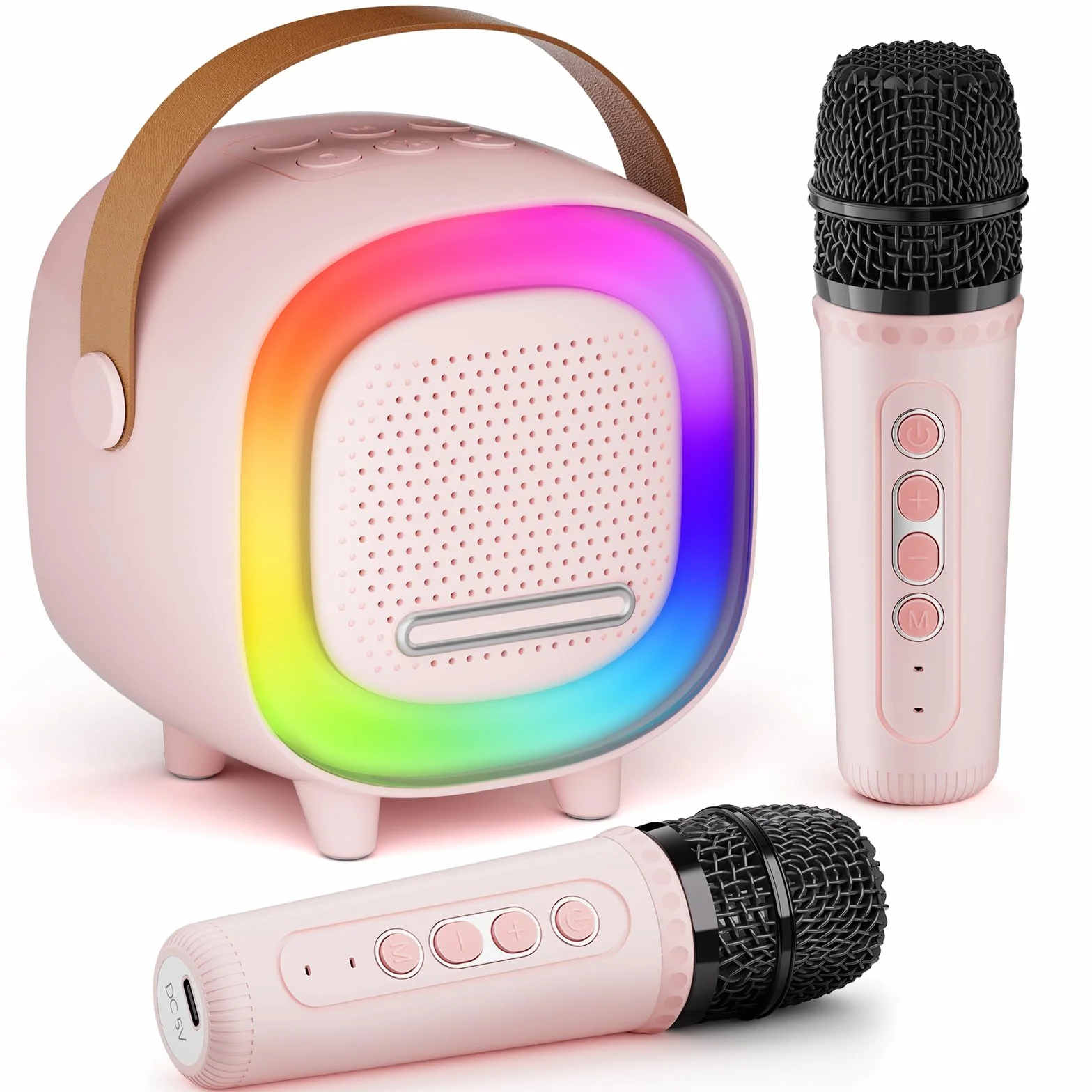 Mini Karaoke dla Dzieci i Dorosłych, 7 Trybów Efektów Dźwiękowych 6 Trybów Podświetlenia, Przenośny Głośnik Bluetooth z 2 Mikrofonami Bezprzewodowymi, Prezenty Świąteczne i Urodzinowe