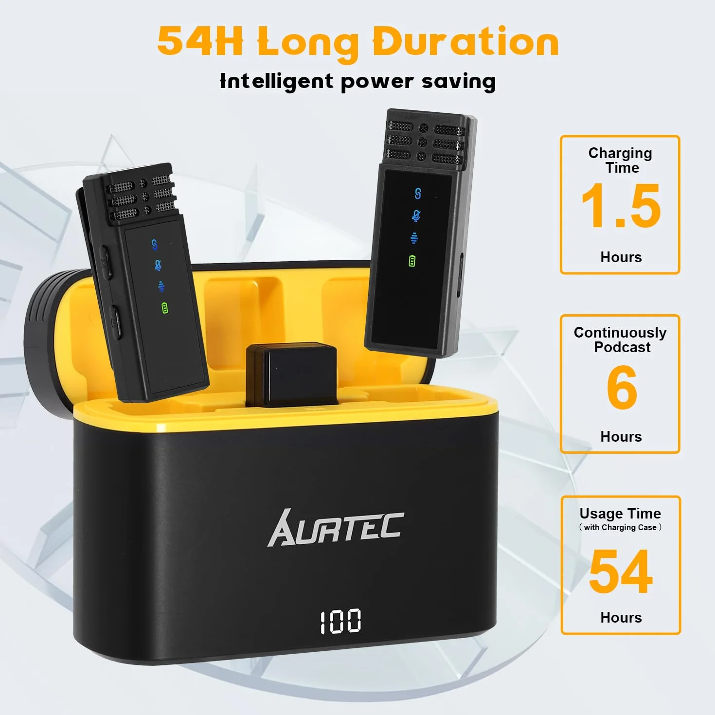 AURTEC Bezprzewodowy mikrofon krawatowy z etui ładującym do telefonów Type C/USB C, zestaw 2 sztuk, Plug & Play, zasięg 30 m, redukcja szumów i duża bateria