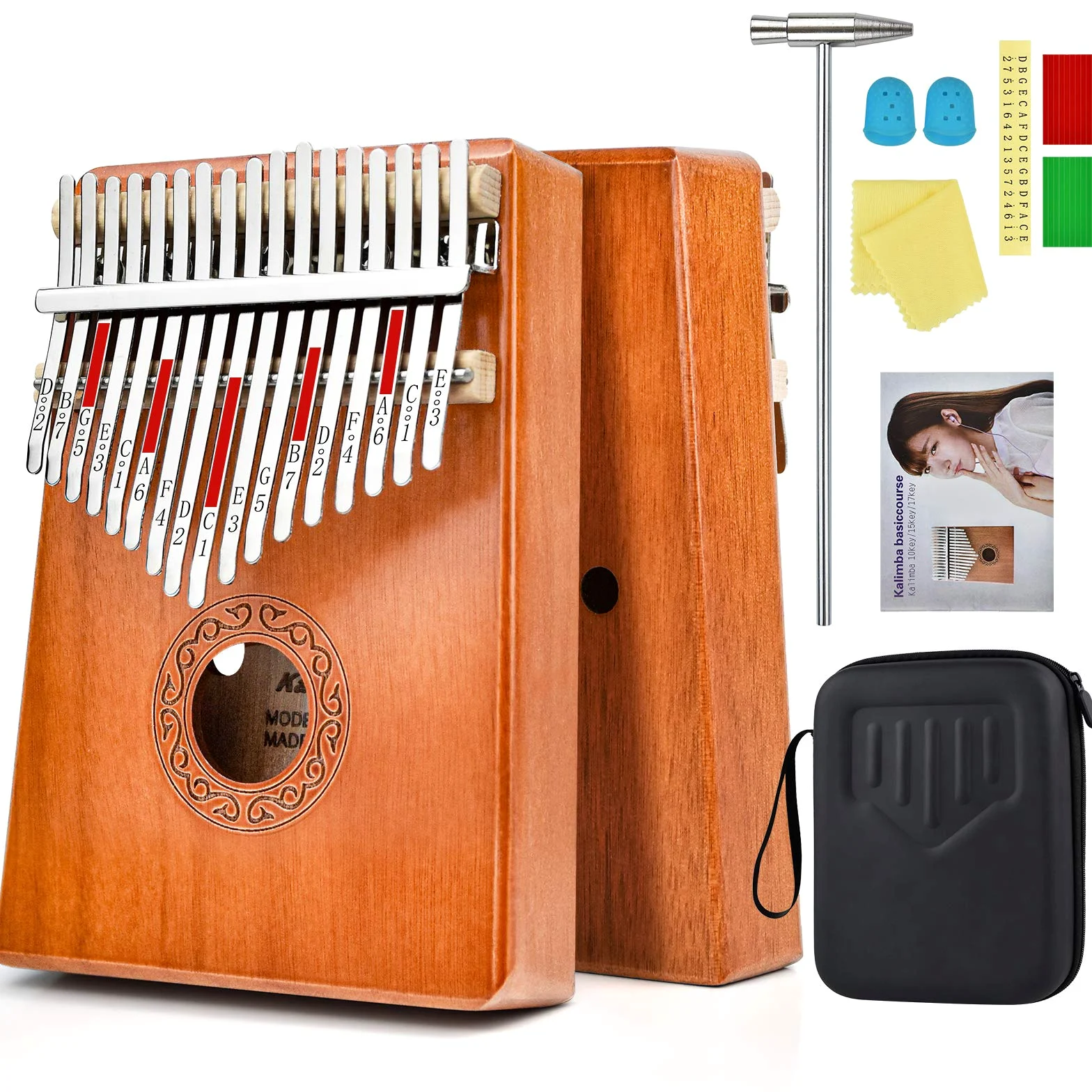 Kalimba Magicsound 17 klawiszy, profesjonalny instrument muzyczny z etui ochronnym, instrukcją, młotem, nutami samoprzylepnymi i osłoną palców Mbira