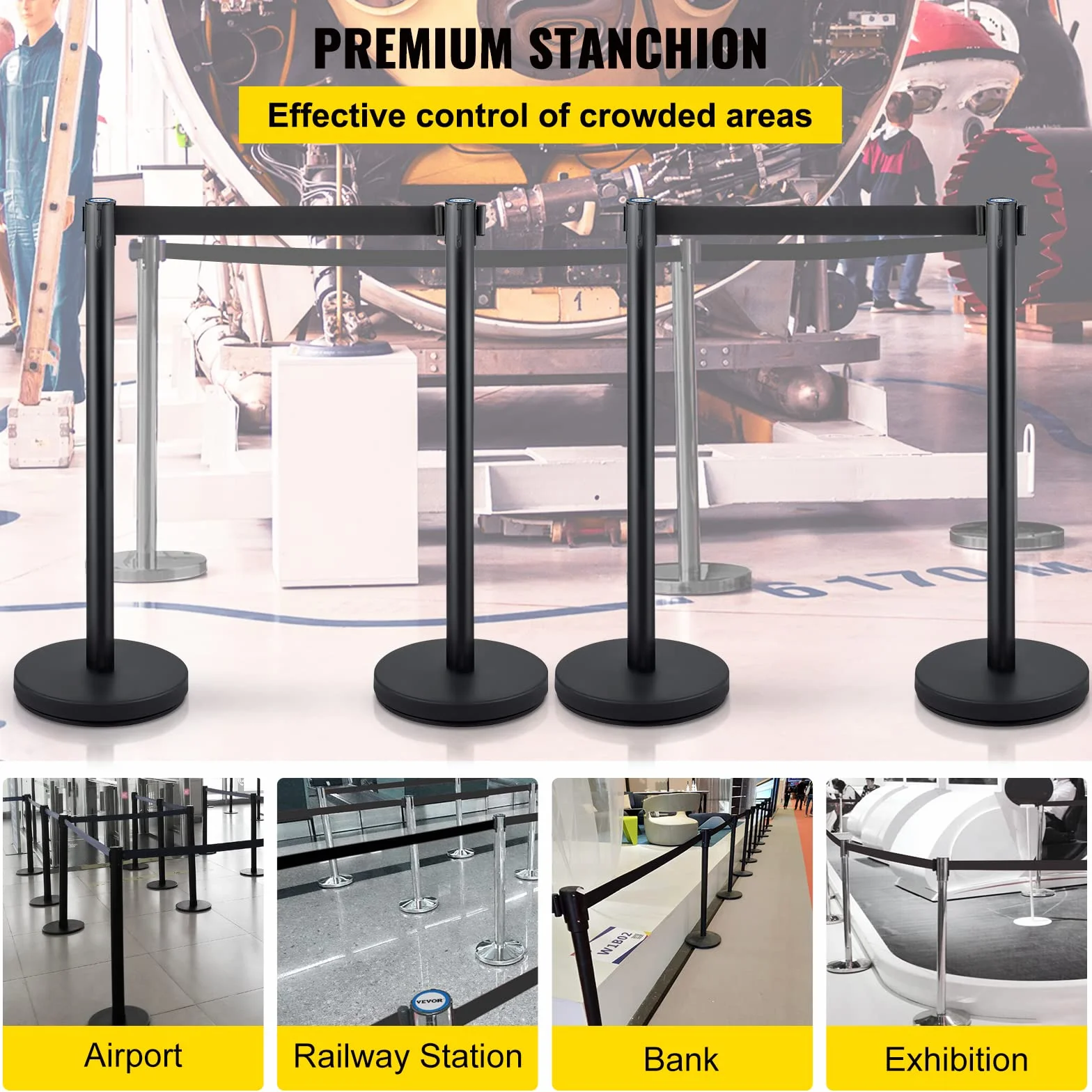 VEVOR Stanchion Control Stanchion, zestaw 4-częściowy, zestaw stanionów z 6,6 ft/2 m, czarny pasek chowany, czarna bariera kontroli tłumu z betonem i metalową podstawą – łatwy montaż