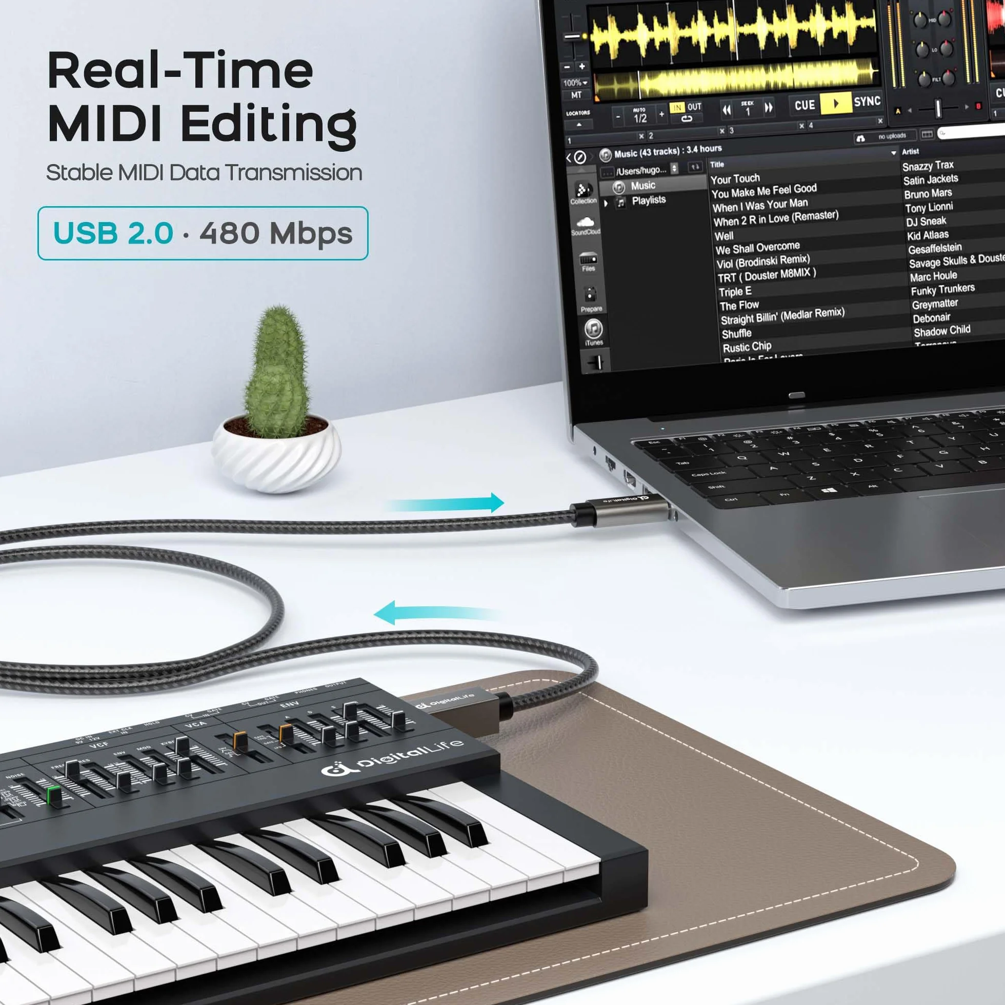 DigitalLife FlexMIDI Pro 2M Kabel MIDI USB-C do USB-B do Pianina, Klawiatur MIDI i Interfejsów Audio, Kompatybilny z Windows, macOS i Linux | Oplot Nylonowy, MIDI-CB200-II