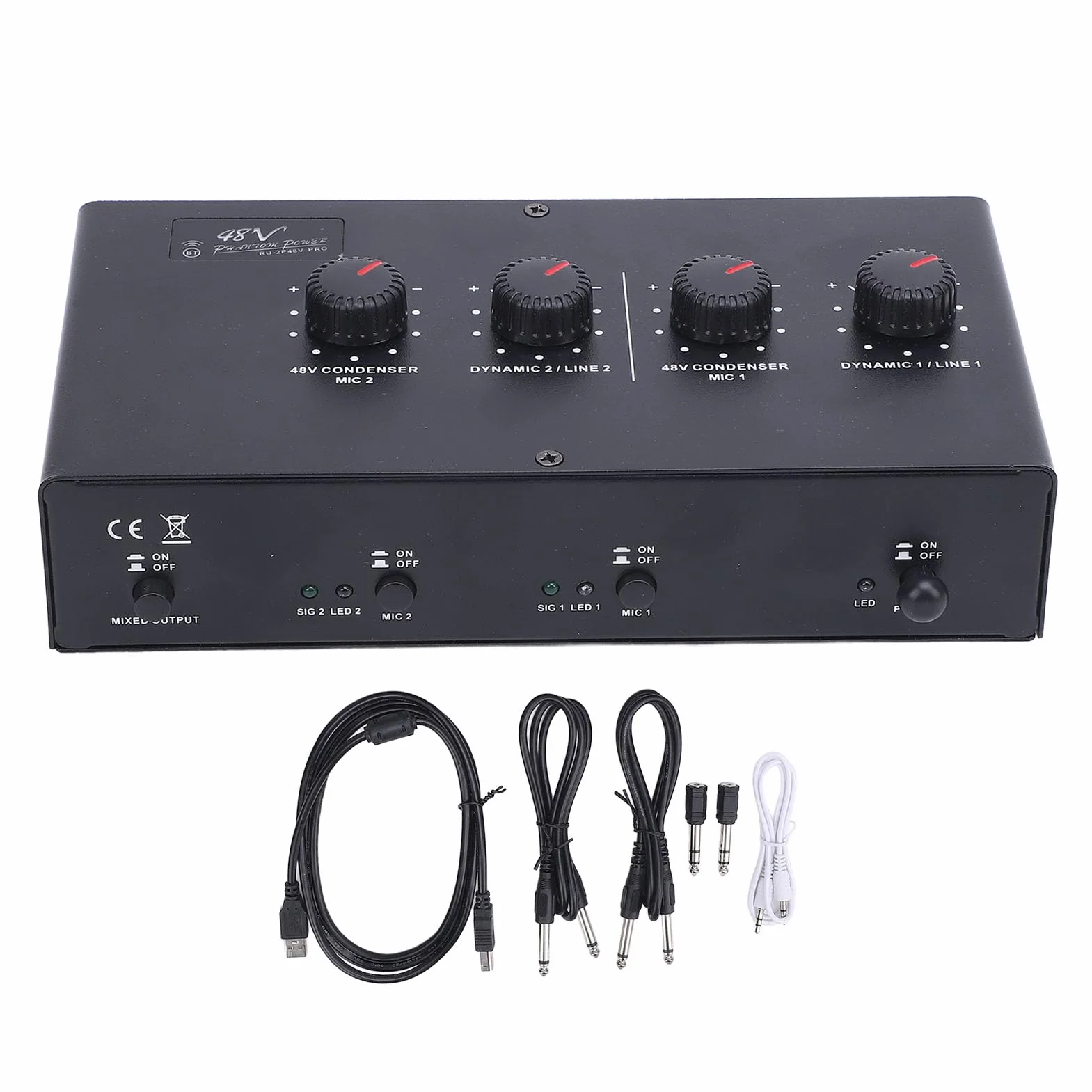 Przedwzmacniacz Mikrofonowy 2-Kanałowy z Zasilaniem Fantomowym 48V i Bluetooth – Profesjonalny Wzmacniacz do Mikrofonu, Gitary, Studio Domowego i Występów Na Żywo (Zasilacz DC)