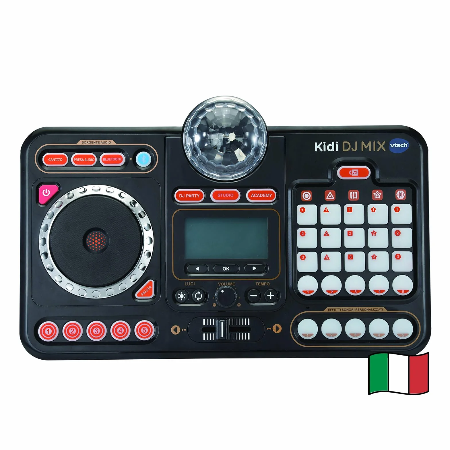 VTech Kidi DJ Mix, konsola DJ-ska dla dzieci, efekty koncertowe, miksy DJ-skie dla dzieci z mikrofonem, podłącz odtwarzacz MP3, Jack lub Bluetooth, język włoski, baterie w zestawie, 6 lat