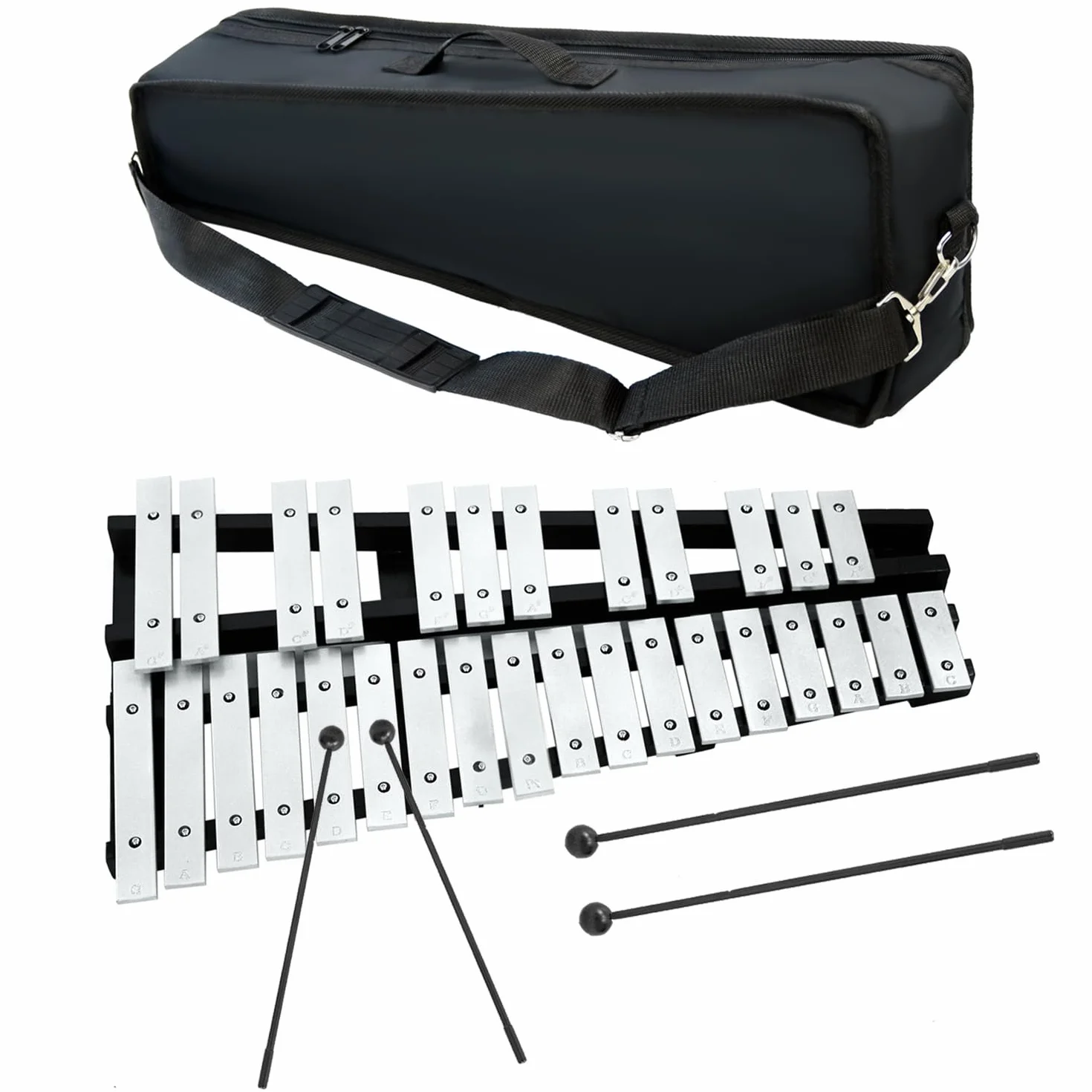 OUUTMEE Dzwonki, aluminium, 30 nut, ksylofon, drążki z 2 pałeczkami, stojak z walizką do przechowywania, koncert muzyczny, prezentacja, konkurs sztuki szkolnej