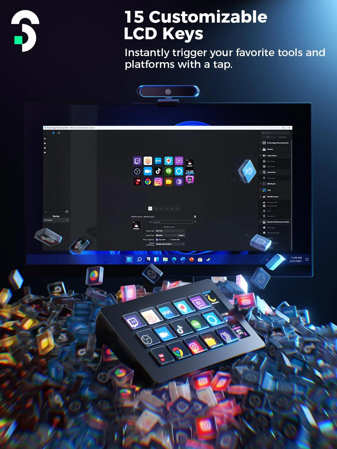 SOOMFON Stream Control Deck, 15-klawiszowy kontroler do nagrań na żywo, przyciski LCD OBS Twitch YouTube
