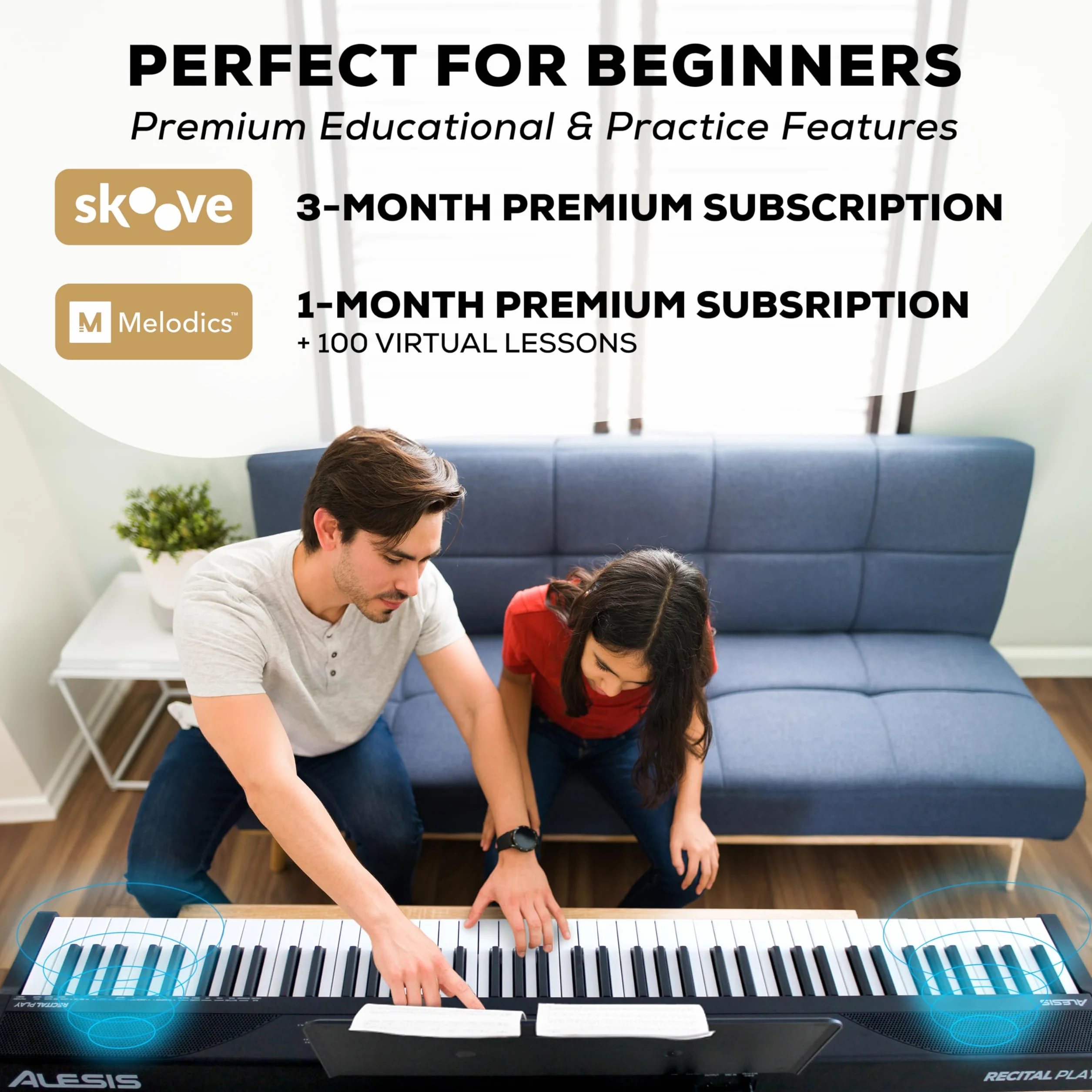 Alesis 88-klawiszowe pianino z 480 brzmieniami, głośnikami, USB MIDI, stojakiem na nuty/tablet, zasilaczem i lekcjami
