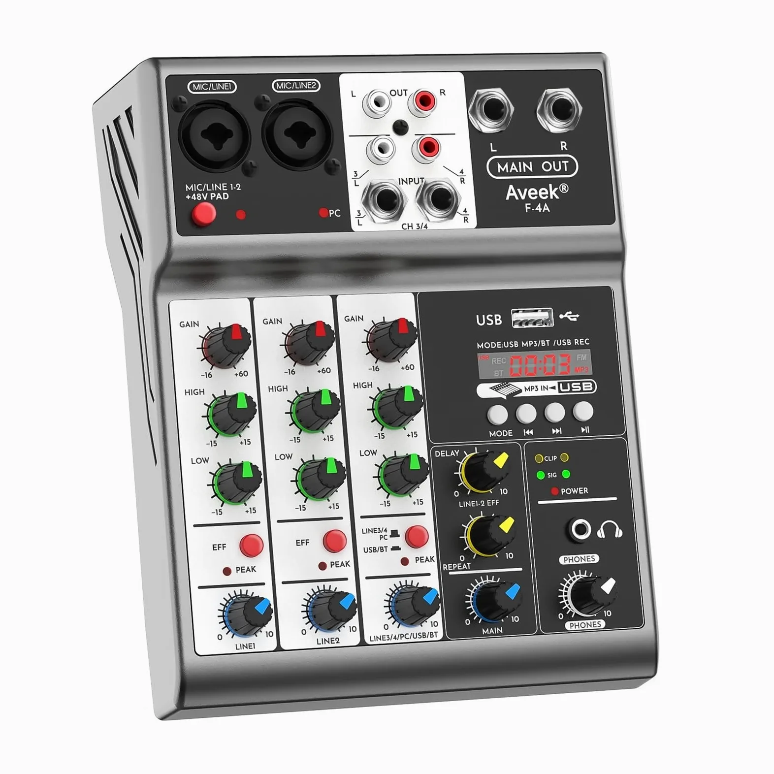 Profesjonalny mikser, konsola miksująca Sound Board z 4-kanałowym cyfrowym efektem opóźnienia echa USB Bluetooth, wejście 48 V stereo
