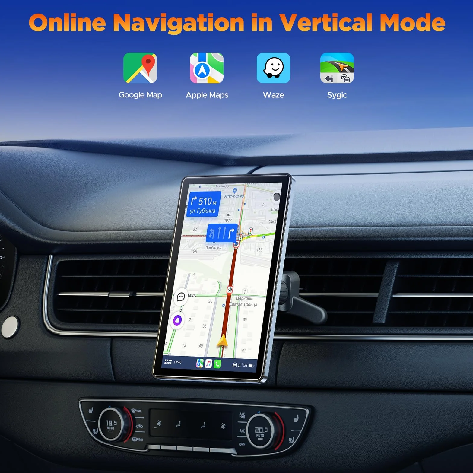 Volam Wyświetlacz Carplay 17.8 cm z funkcją A-pple Carplay Android Auto, ekran poziomy i pionowy, uchwyt magnetyczny, przenośne samochodowe stereo z nawigacją na żywo, sterowanie głosowe, łącze