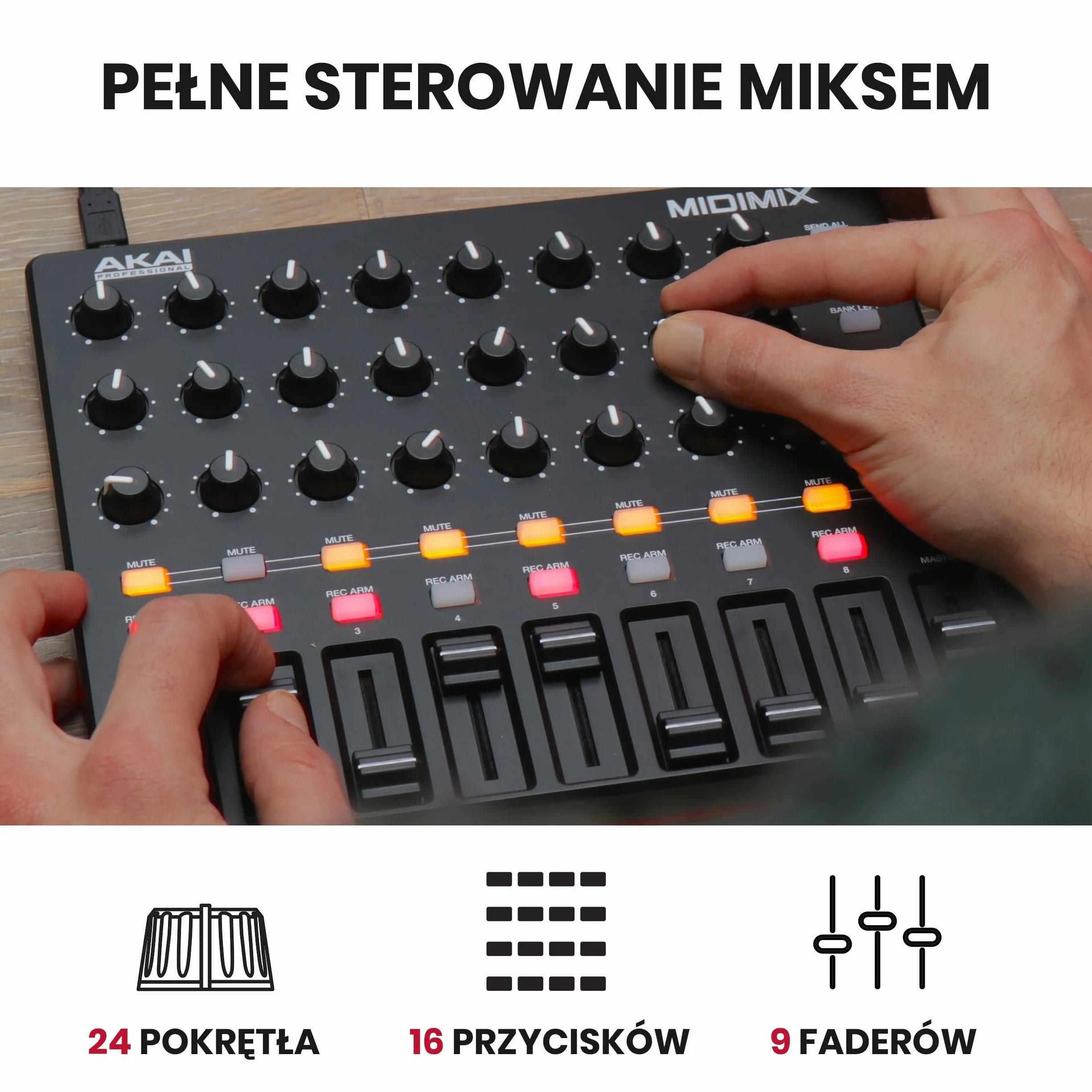 Akai Professional MIDImix - Konfigurowalny kontroler MIDI z 8 faderami, 1 faderem głównym, 24 pokrętłami i 16 przyciskami z bezpośrednim mapowaniem w Ableton Live